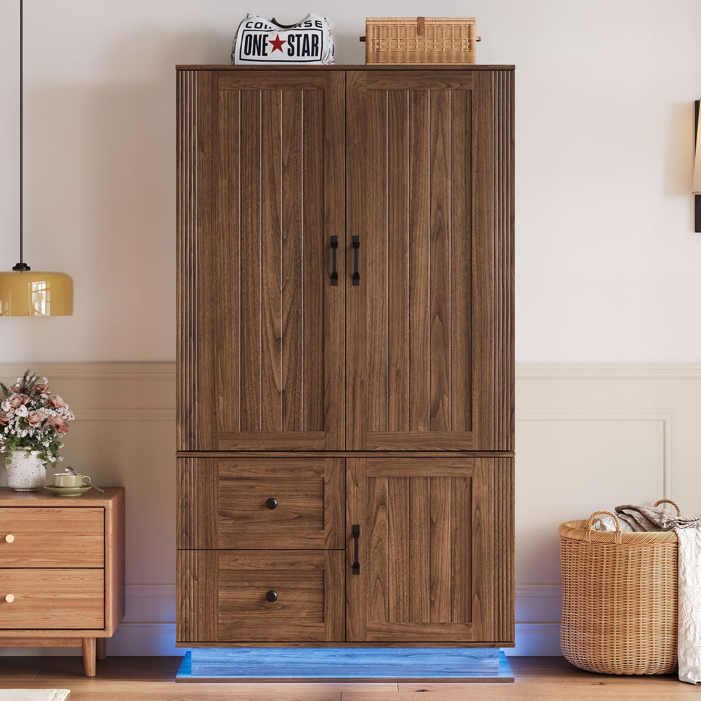 LIKIMIO Farmhouse Wardrobe Closet with Doors, 70" Bedroom Armoires with LED Lights and Hanging Rod, Wooden Large Wardrobe Cabinet with 2 Drawers and 1 Cabinet, Walnut