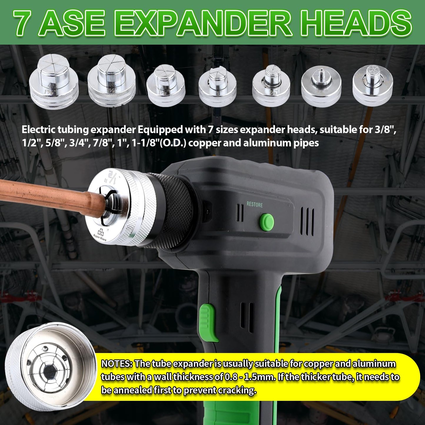 Rogvoc Electric Tubing Expander Swaging Tool Kit, with 2200mAh Powered, 7 Expander Heads for 3/8" to 1-1/8", Power HVAC Expander Tool with Tube Cutter, Deburring Tool for Copper Aluminum Pipes