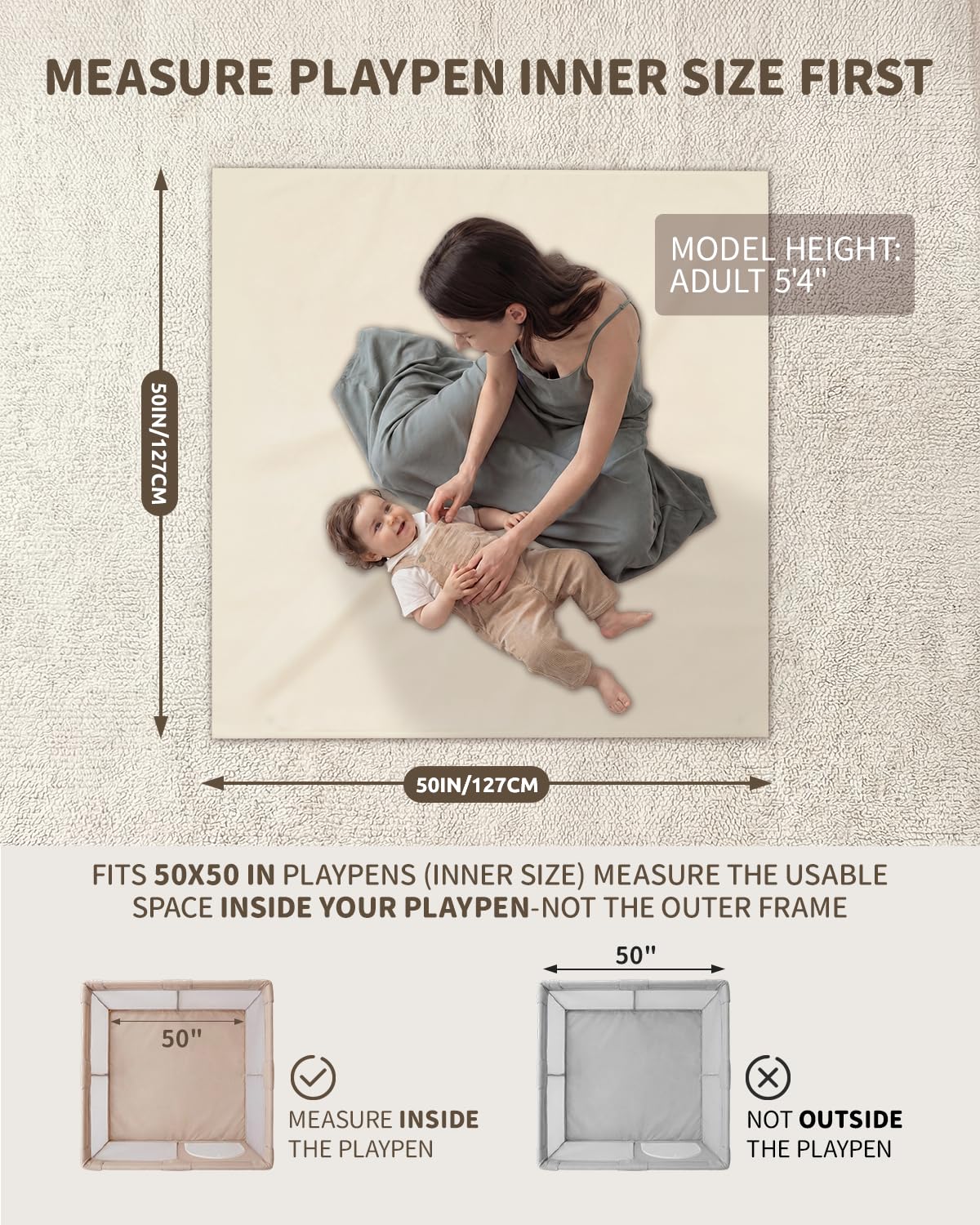 Joypony Baby Play Mat for Floor 50x50, 1.5” Thick Vegan Leather Crawling Mat with Removable Cover, Waterproof Playpen Mat for Infants and Toddlers, Wipe-Clean Kids Playmat, Cream