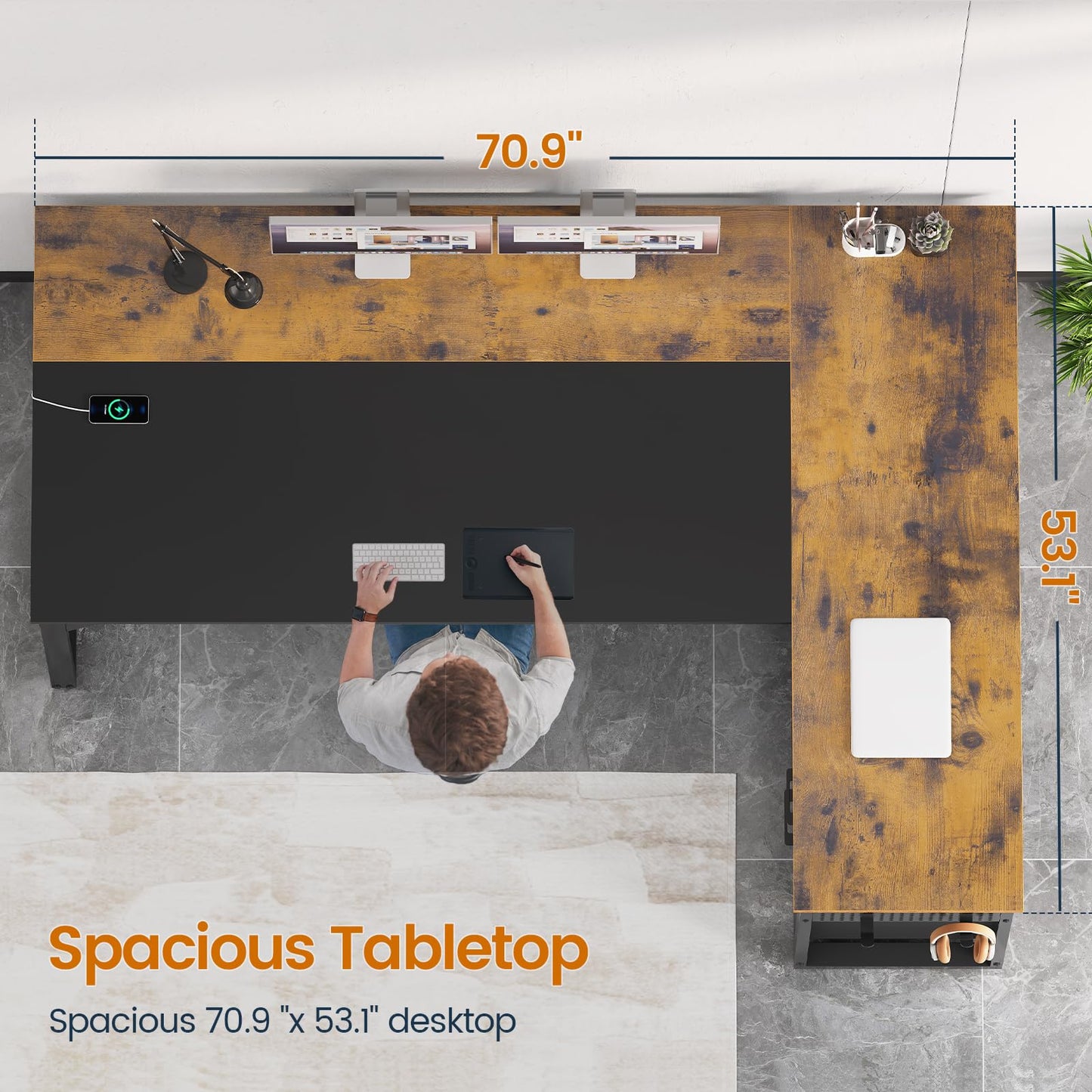 UPOSOJA 71 in Executive Desk with Power Outlets, Reversible L Shaped Desk with File Drawers & Storage Shelves, Large Office Desk Computer Desk with Pegboard, Mobile CPU Stand, Modern Corner Desk