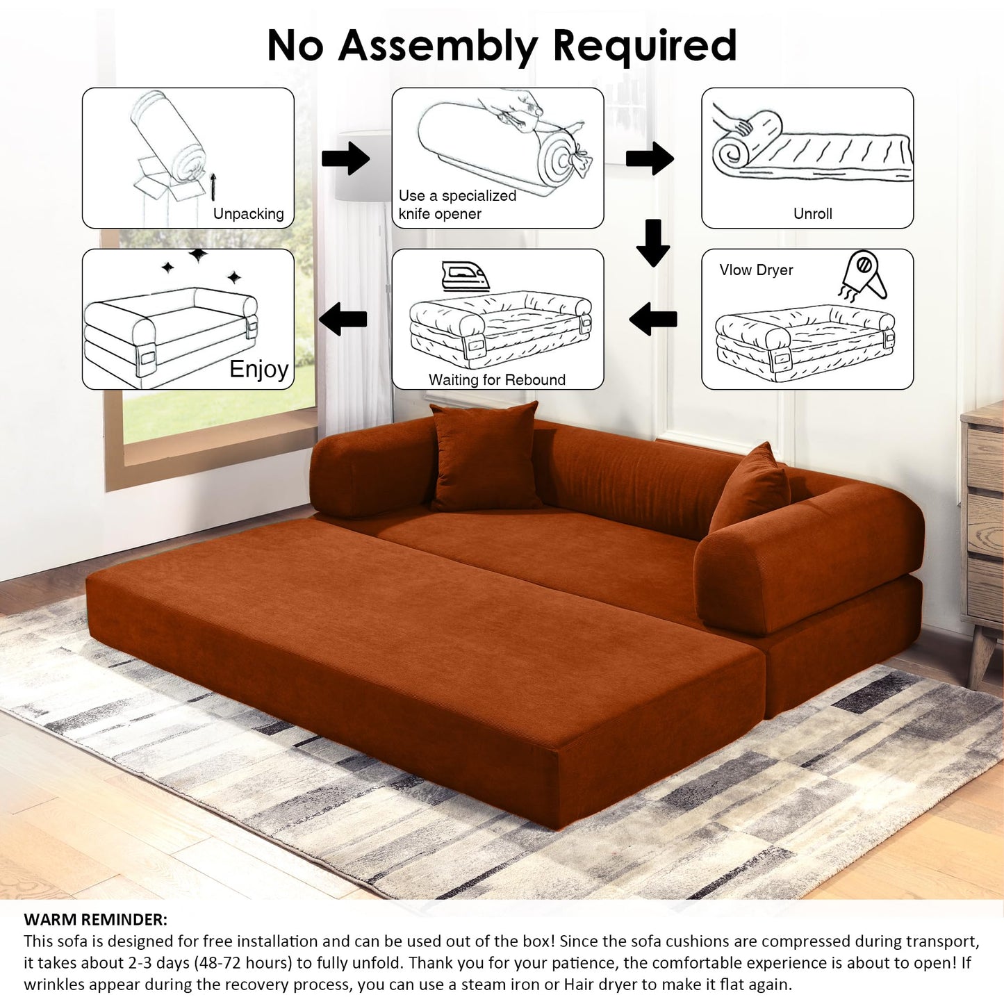 80" Convertible Sofa Bed, 3-in-1 Corduroy Folding Pull Out Couch with Pillows, No Assembly Modern Boneless Couch Compression Sofa in Box, Floor Sofa with Side Storage Pocket for Living Room, Orange