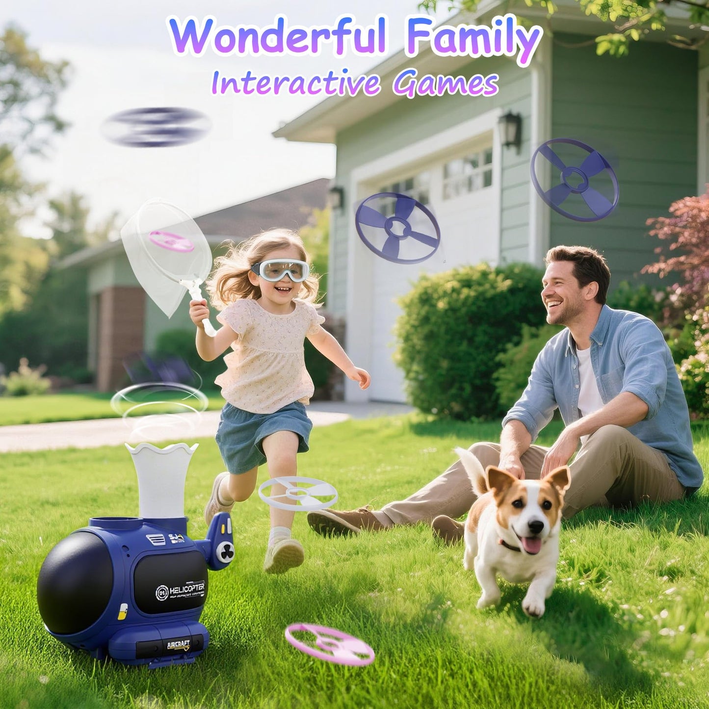 WhimsQuest Missfly 4-in-1 Kids Outdoor Game Toy, Auto Disc Launcher, Jump Dodge & Ring Toss, Interactive Sports Play for Boys & Girls (Blue)