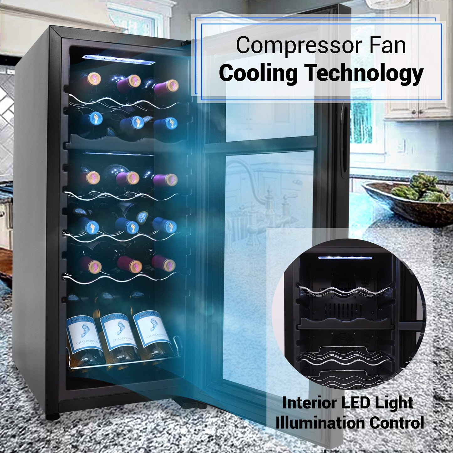 NutriChef 18 Bottle Wine Fridge | Dual Zone Wine Chiller | Adjustable Temperature 41°F to 64°F | Ultra Quiet Operation | Wine Cooler For Home & Office | Free Standing 32x13x19 IN | Black