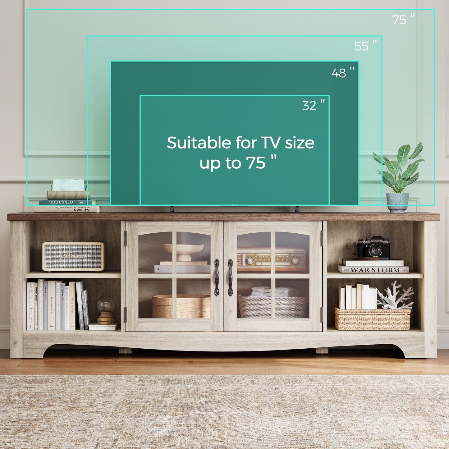 LINSY HOME TV Stand for 75 Inch TV, Modern Farmhouse Entertainment Center with Storage Cabinets and Glass Doors, Tall Media Console Table for Living Room, Bedroom, Large Long Television Stand, Beige