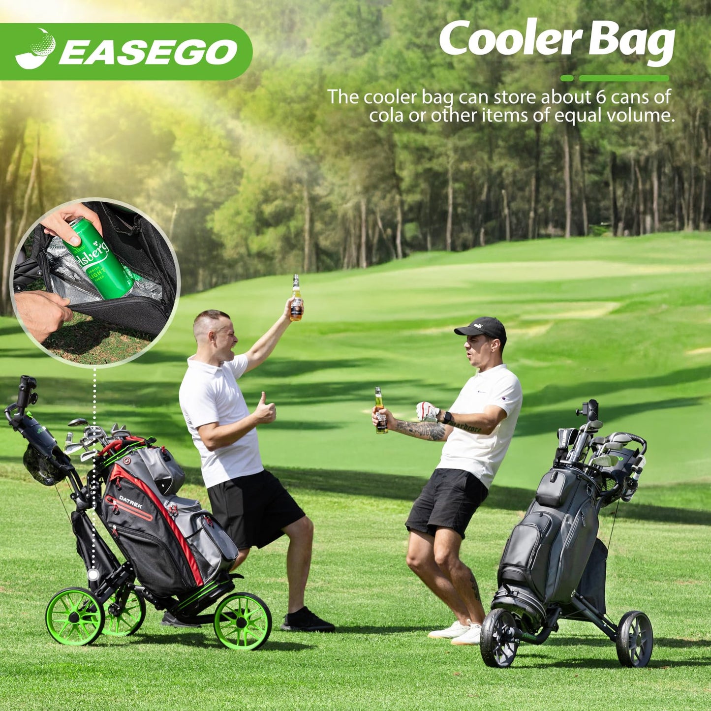 EASEGO Golf Push Cart 3 Wheel : Golf Bag Cart Foldable with Phone/Cup/Umbrella Holder Compact Golf Pull Carts Quick Fold Golf Caddy Push Carts with Large Wheelbase for Different Terrain (Lemon Green)
