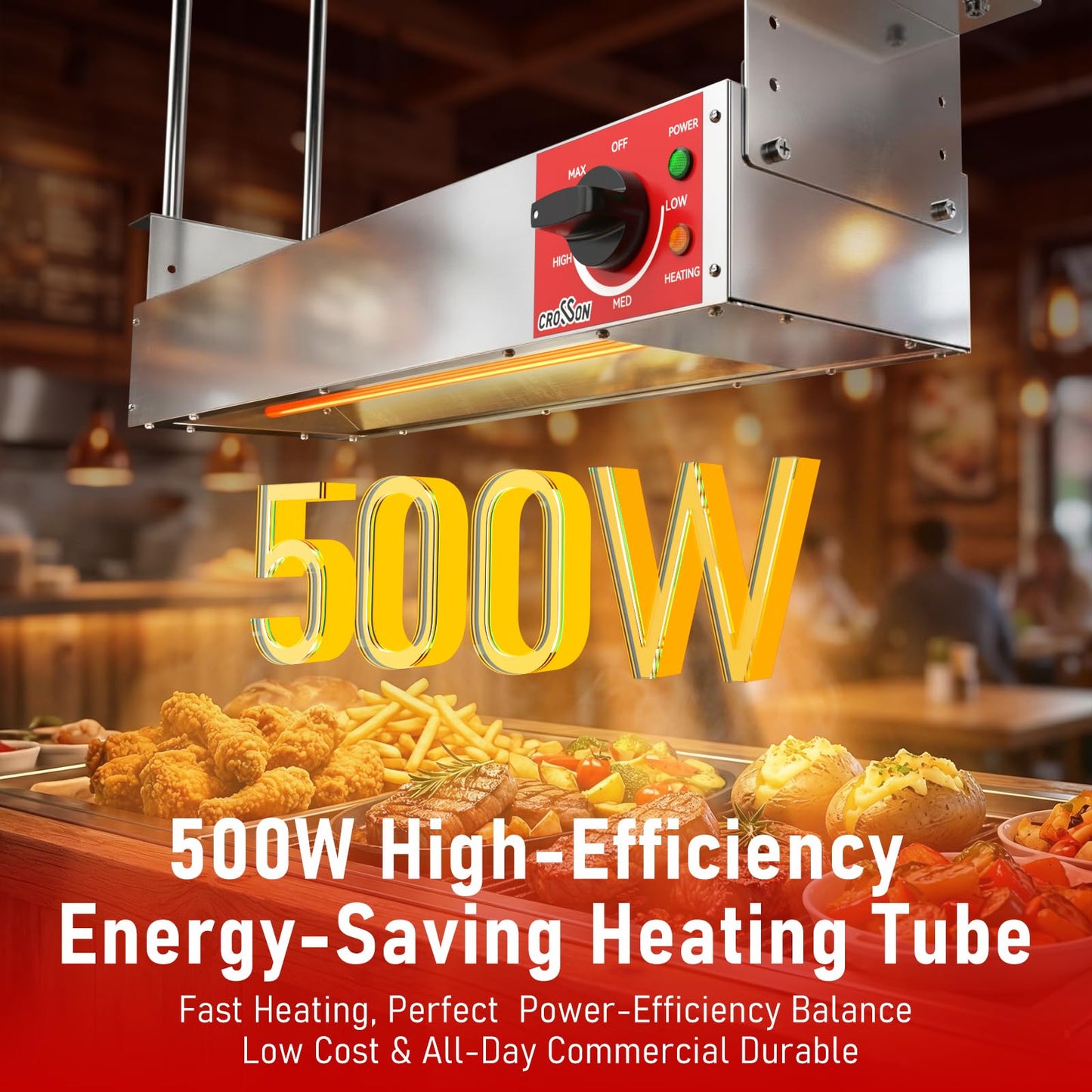 CROSSON Electric Food Heat Lamp 24 Inch Commercial Food Warmer Strip Heater with German EGO Thermostat,Dual Installation Options for Buffets & Parties,500W