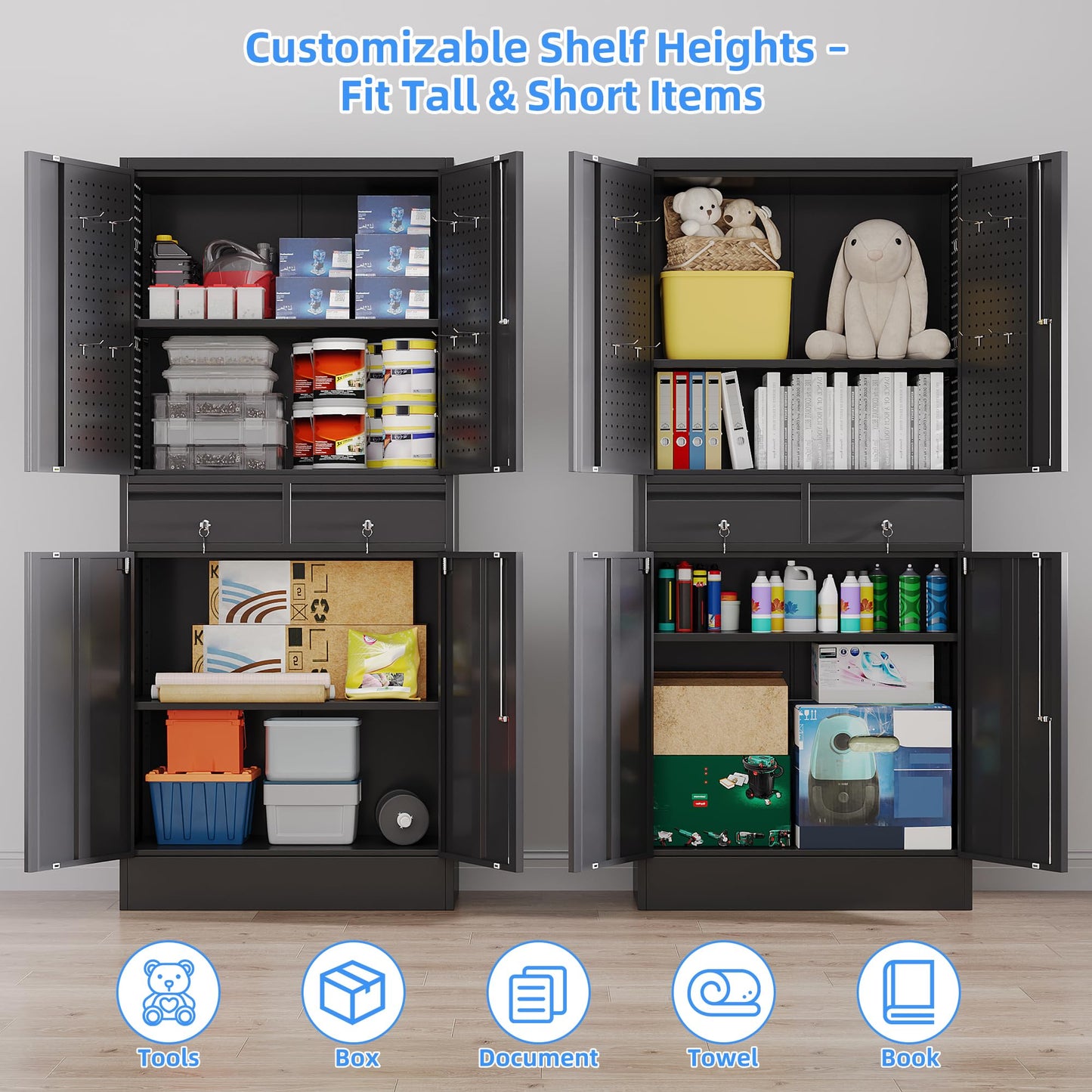 JAORD Metal Storage Cabinet with 2 Drawers and Pegboard, Garage Storage Cabinet with Locking Doors and 2 Adjustable Shelves, 71" H Steel Cabinets for Garage, Home, Office, School, Black