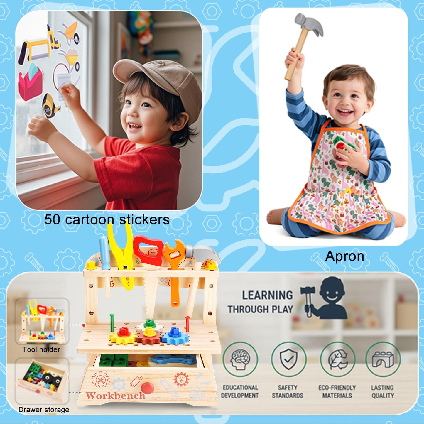 REXBETI Kids Tool Set, Wooden Toddler Tool Set with Apron, Toddler Tool Bench, Educational Montessori Toys for 3 Year Old Boys, Pretend Construction Kits, Birthday Gifts for 3 4 5 Year Old Boy Girl