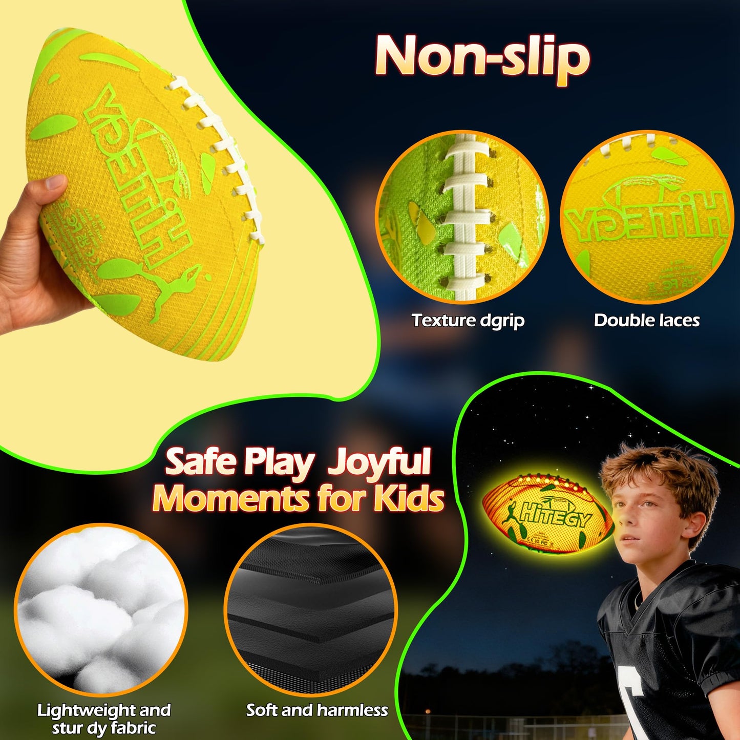 MPMVP Glow in The Dark Football Light Up Football | USB-C Rechargeable LED Ball with Pump | Night Game Ball for Indoor & Outdoor Play | Gift Ready for Boys & Kids (Green Yellow, Size 6)