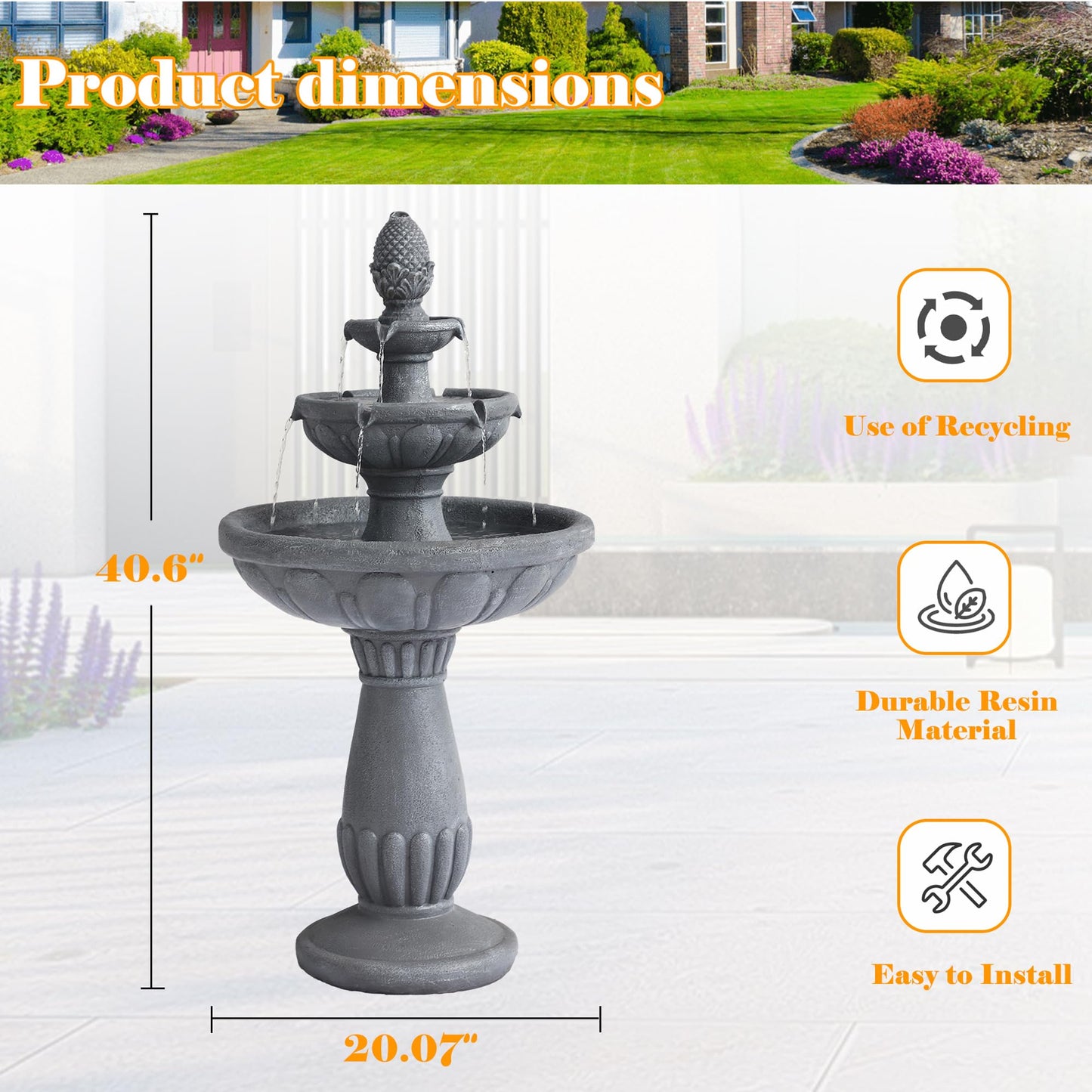 GIODIR 40.6" High Large Italian Outdoor Water Fountain, 3-Tier Standing Bubbler Waterfalls Fountain with Pineapple Top and Roman Pillar, Resin Garden Water Fountains for Bird Bath Patio Yard Deck