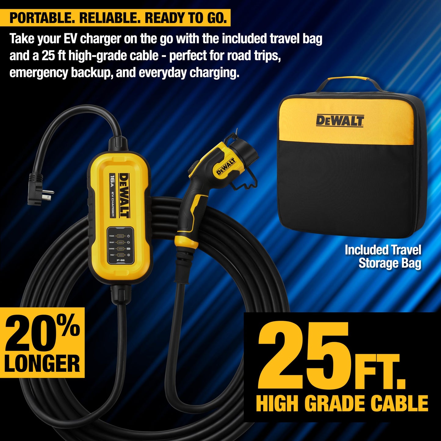 DEWALT Level 1 & 2 Portable Electric Vehicle (EV) Charger, 16 Amps, 120-240V, CSA Certified Indoor/Outdoor, NEMA 6-20 with 5-15 Adapter Included, 25 ft. Cable, 2024 Model