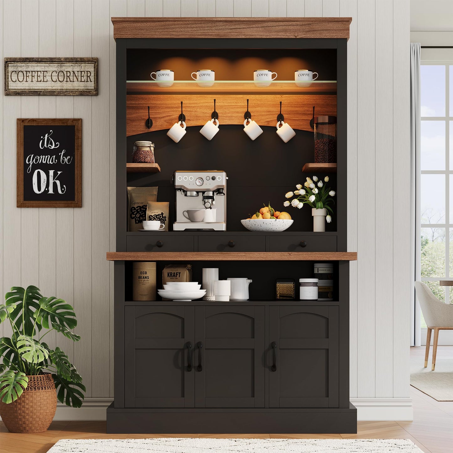 Coffee Bar Cabinet with LED Light, 72 in Tall Farmhouse Coffee Bar Hutch with Storage, Sideboard Buffet Cabinet with Microwave Stand/Glass Shelf/6 Hooks/3 Drawers for Kitchen Living Dining Room, Black