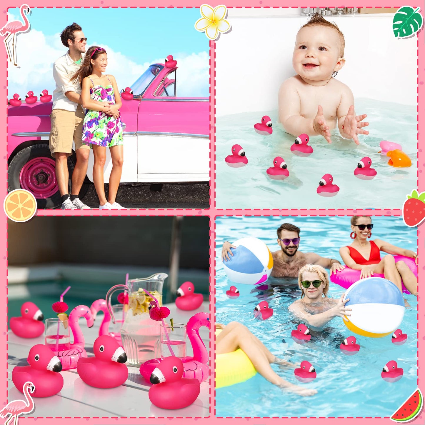 Honoson 50 Pcs Flamingo Rubber Duckies Bulk Pink Flamingos Party Favors Bath Toy Pool Floating Squeak Rubber Ducks for Birthday Party Decoration Baby Shower Cake Decoration Classroom Prizes