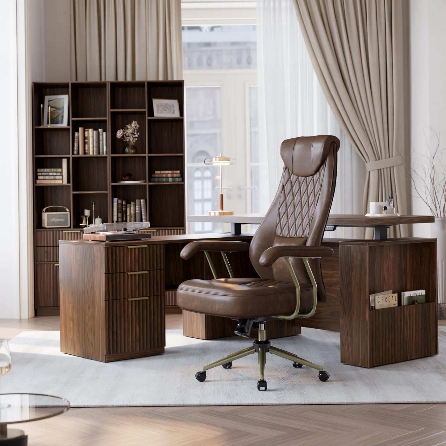 Perledesign High Back Executive Office Chair with Integrated Headrest & Lumbar Support - Ergonomic PU Leather Desk Chair, Adjustable Swivel Computer Chair with Recline Function for Home Office, Brown