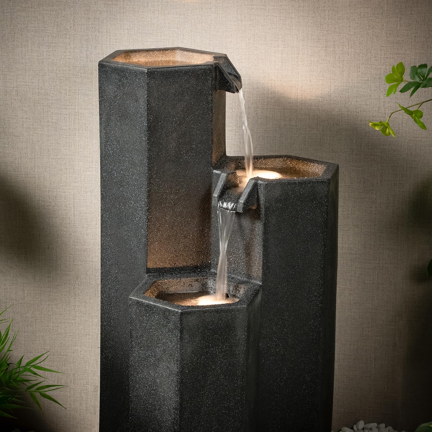 Puulye 27.95" H Outdoor Water Fountain Made with Eco-Friendly Recyclable Materials, Polyethylene Cascading Waterfall Fountain, Garden Waterfall Decor with LED Light & Pump for Patio, Backyard
