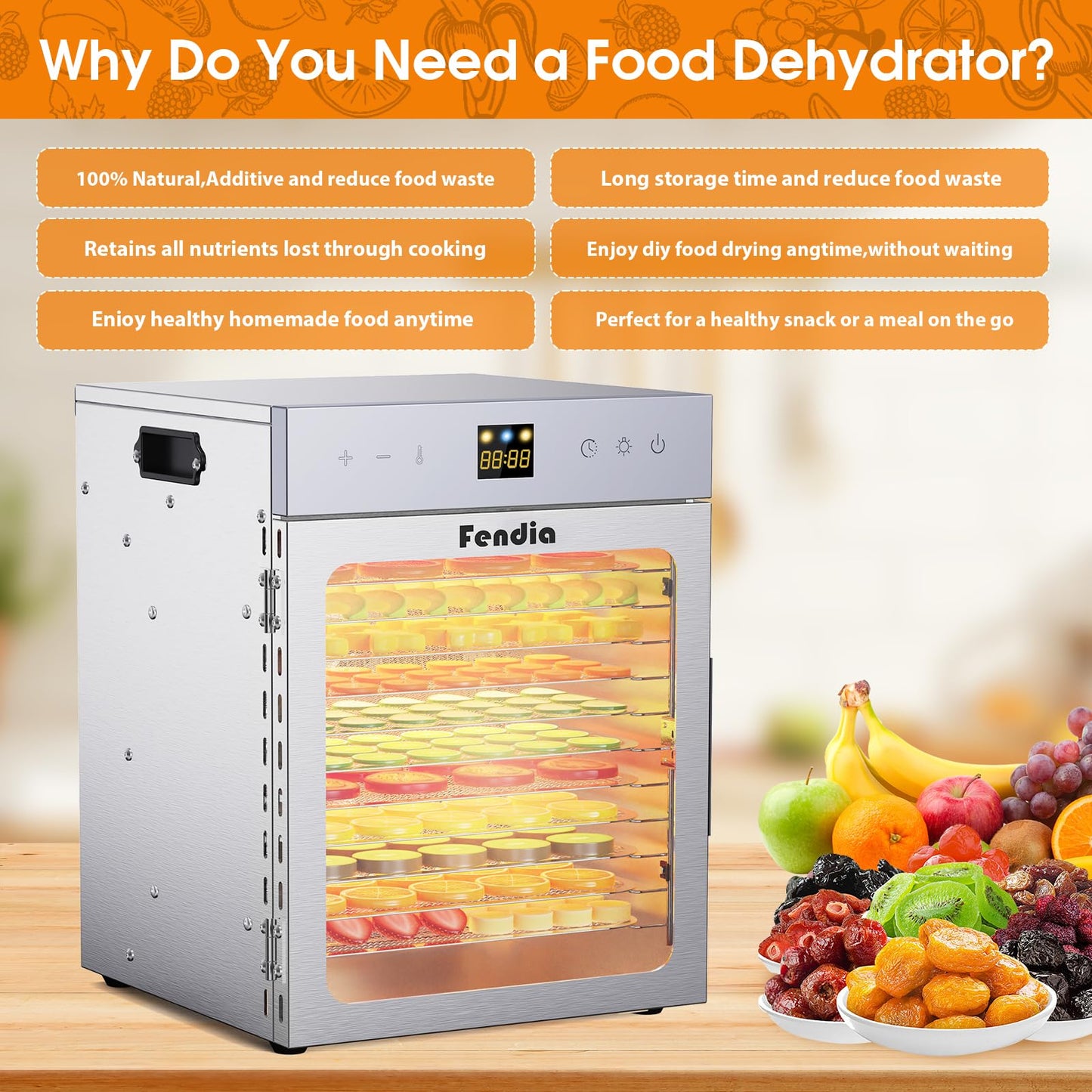 Food Dehydrator for Jerky, 12 Stainless Steel Trays, 1200W Fruit Dehydrator, 24H Timer and 190°F Temperature Control, Overheat Protection, Food Dryer for Jerky, Herbs, Fruit, Dog Treats