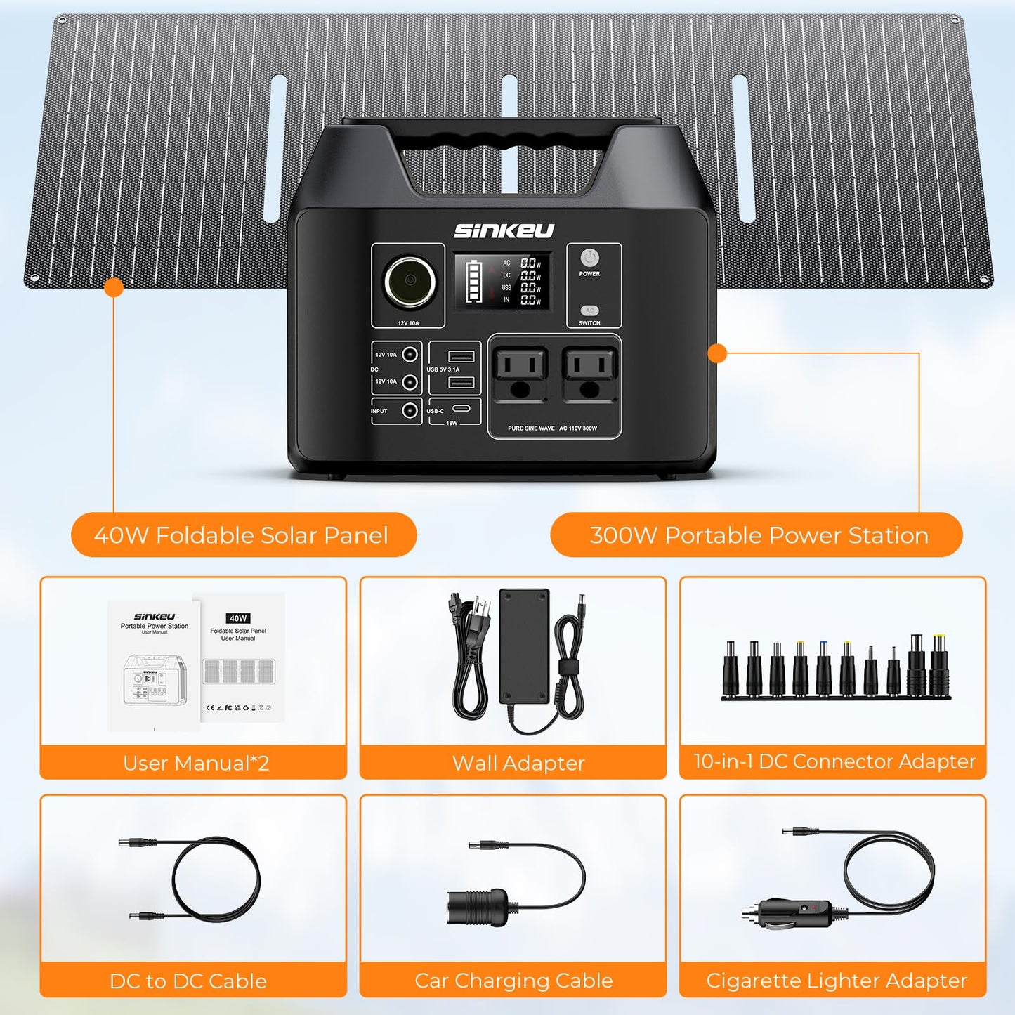 SinKeu Portable Power Station 300W with 40W Solar Panel,256Wh Solar Generator LiFePO4 Battery with USB DC AC Outlet for Outdoor,Off-Grid Living,RV,Emergency