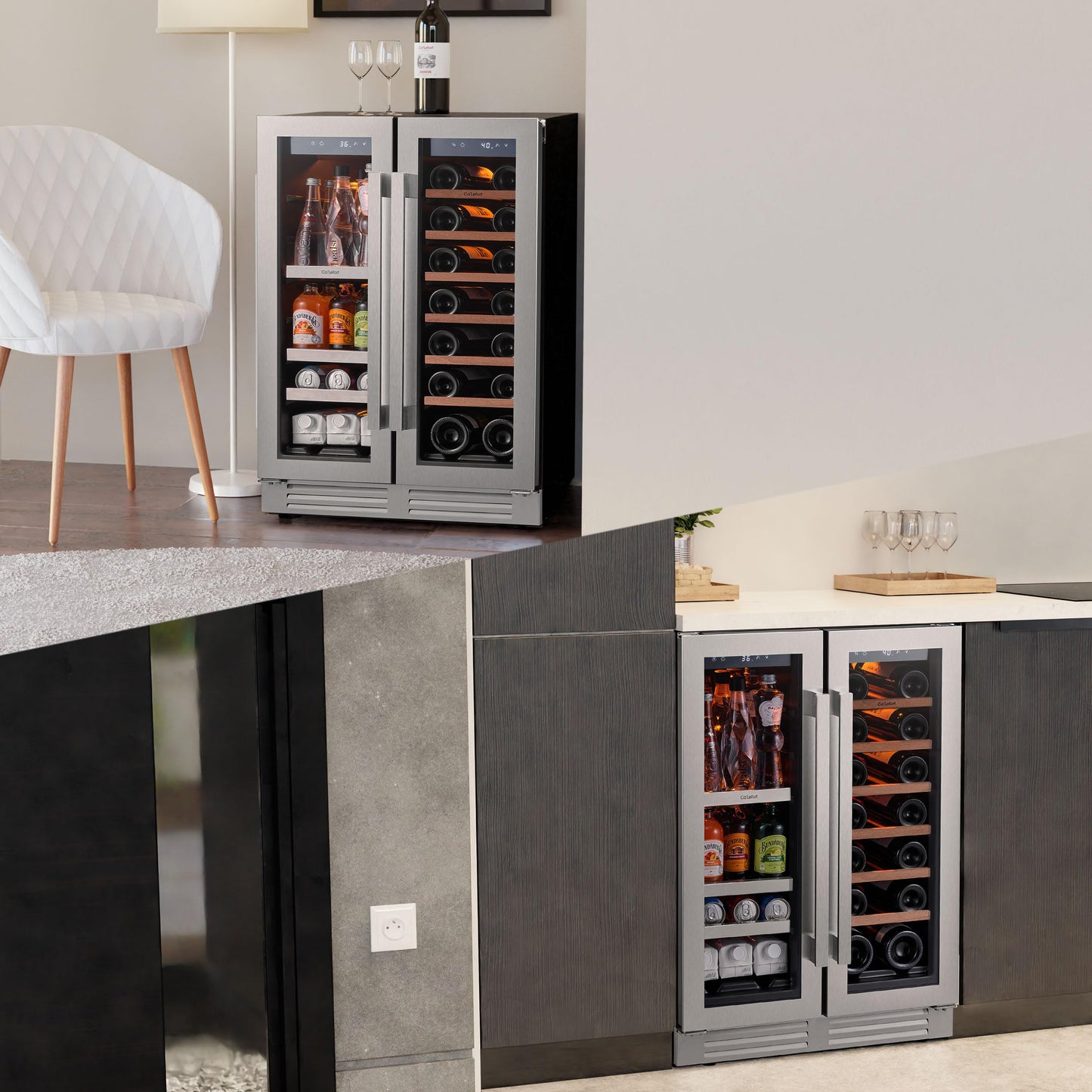 Ca'Lefort 24 Inch Wine and Beverage Refrigerator, 60 Cans 20 Bottles Dual Zone Cooler with Glass Door, 3 LED Built-in Compressor Fridge with Adjustable Shelves for Home Office Bar (4.1 cu.ft)
