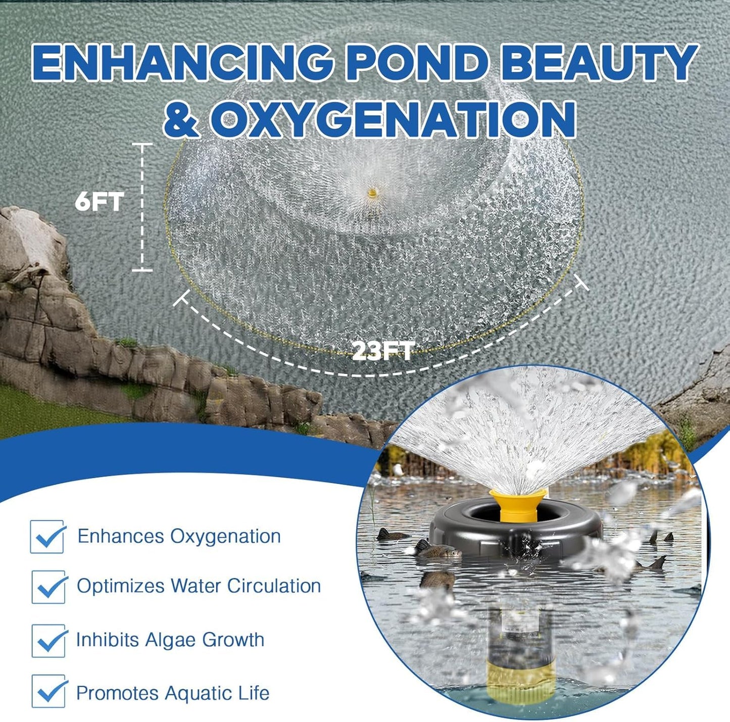 Schupethauer Pond Fountain Aerator, 1HP 110V 750W 15000 GPH PowerfuI Floating Fountain Pump, Unpack and Deploy, with 100FT Power Cord, Timer, Aerating Fountain for Large Ponds Lakes Jet System