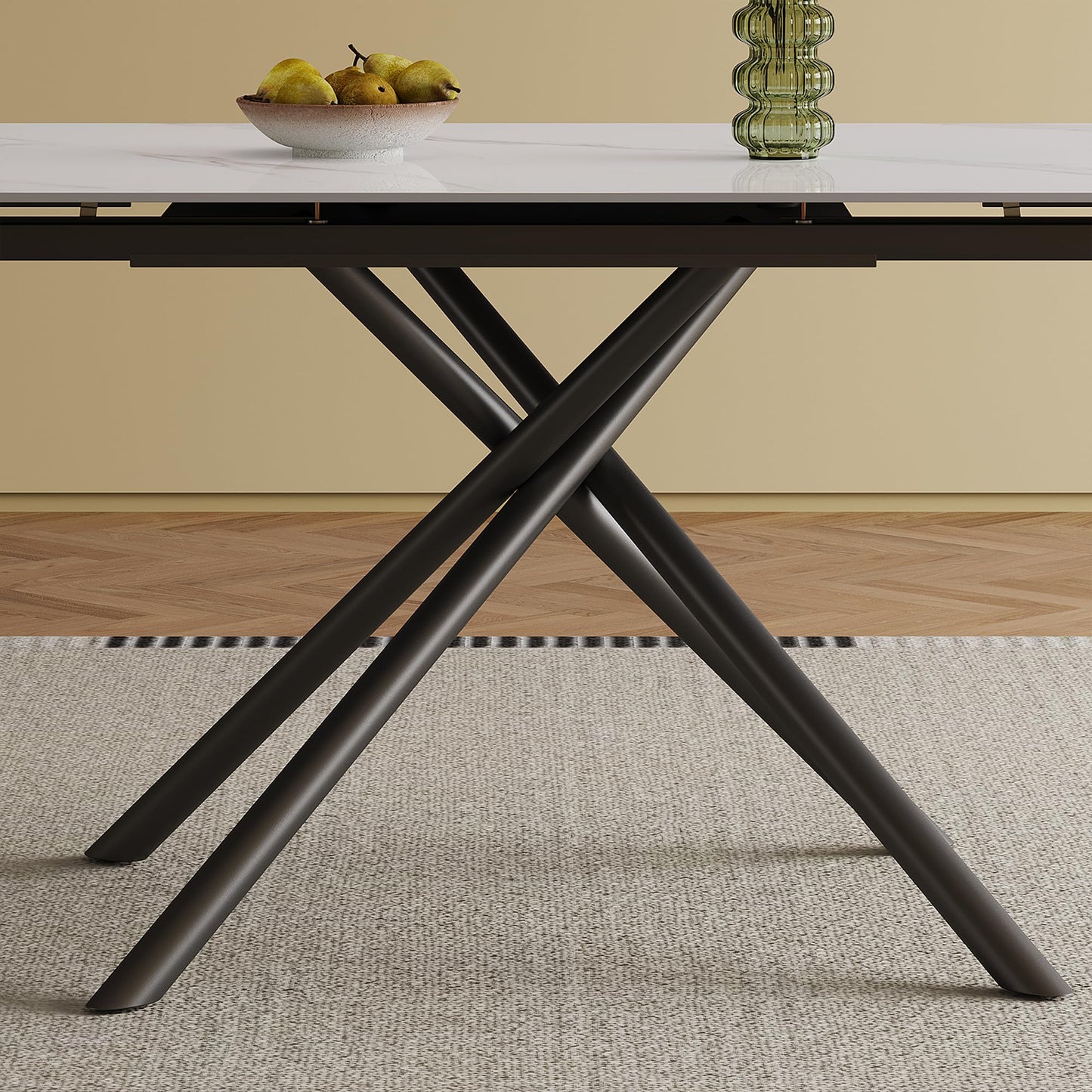 Runboll Extendable Rectangular Dining Table Set for 8, 47"-71" Modern Sintered Stone Kitchen Table with 8 Chairs and Carbon Steel Legs for Dining Room Family Gathering