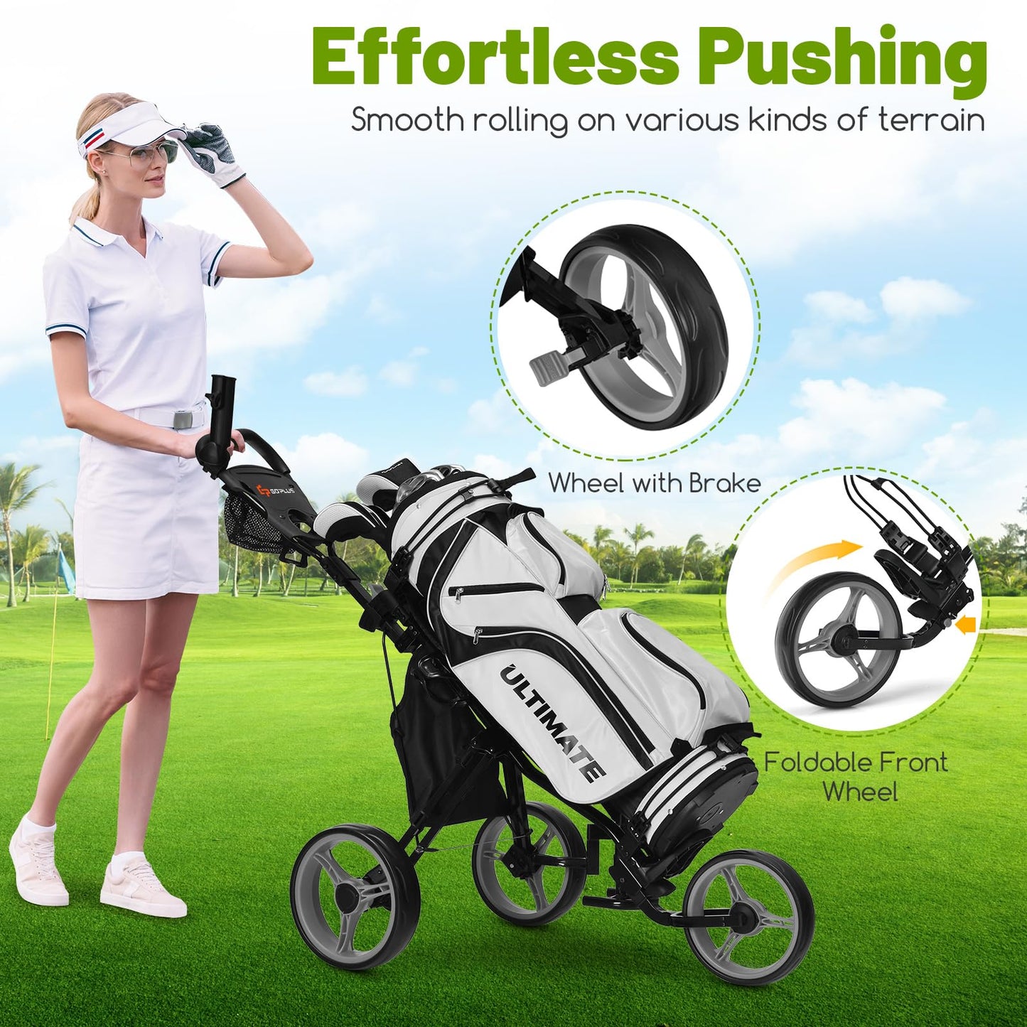 Goplus 3 Wheel Golf Push Cart, Lightweight Foldable Caddy Cart w/Adjustable Seat, Handle, Umbrella Holder, Foot Brake, Golf Trolley for Golf Bags, Collapsible Golf Pull Cart for Men Women (Grey)