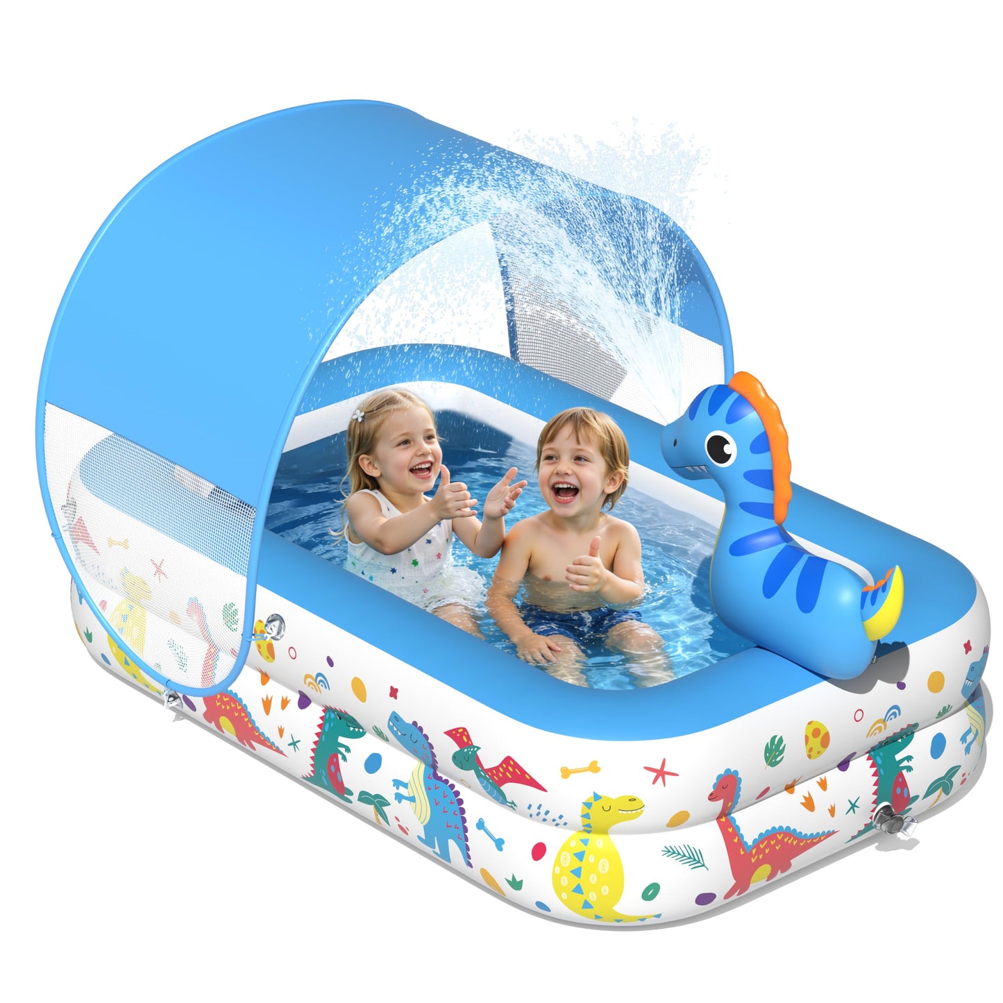 JOSEN Dinosaur Kiddie Pool with Canopy and Sprinkler, Inflatable Baby Pool with Soft Cushioned Floor, Portable Toddler Blow Up Pool Ball Pit for Backyard, Outdoor/Indoor Play Toys