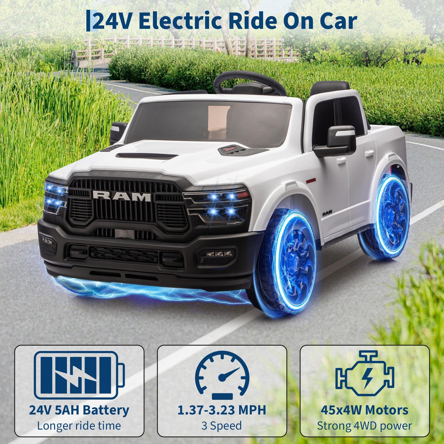 Licensed RAM 2500, 2 Seater Electric Car for Kids, 24v Ride on Truck w/Remote Control, Toddler Ride on Toys w/Bluetooth, Spacious Truck Bed, 3 Speed, LED Lights, Suspension, Gifts for Boys Girls