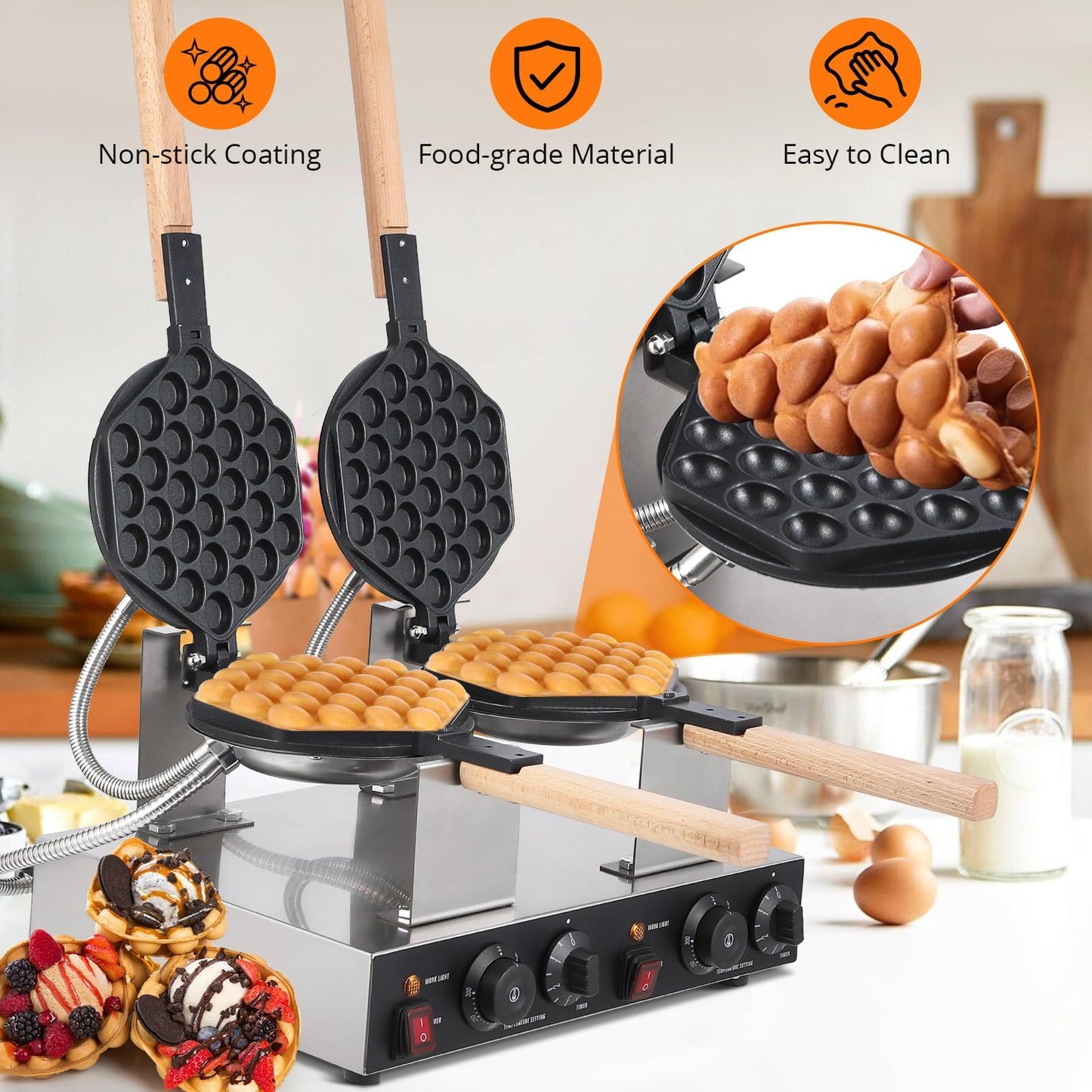 2800W Double Waffle Maker, Commercial Bubble Waffle Maker Machine, Non-Stick Egg Waffle Maker, Adjustable Temp & Timer, Fast Heating, Perfect for Snack Bars & Homes