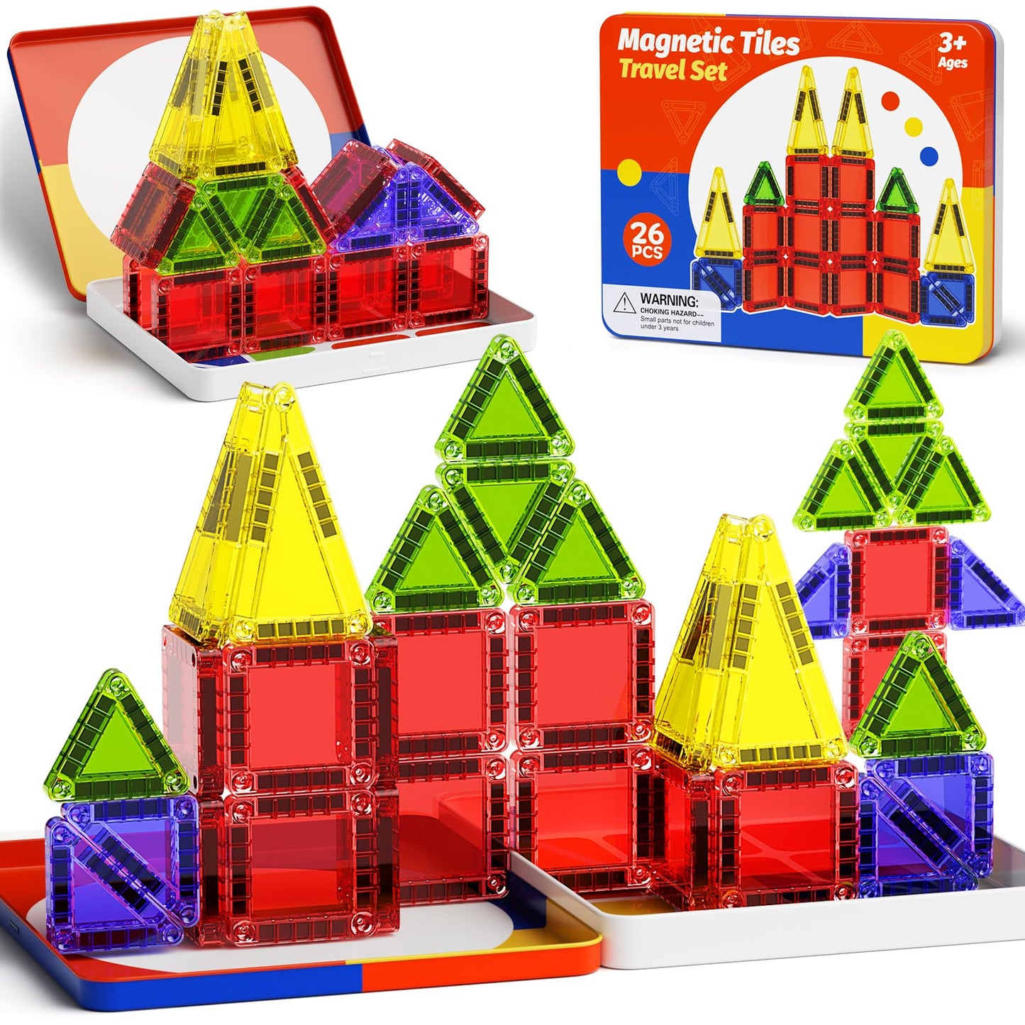 JSDKFJSA Magnetic Tiles Travel Toys with Storage Case, Portable STEM Building Blocks for 3-8 Year Olds, Toddler Airplane Activities & On-The-Go Birthday Gift for Boys & Girls