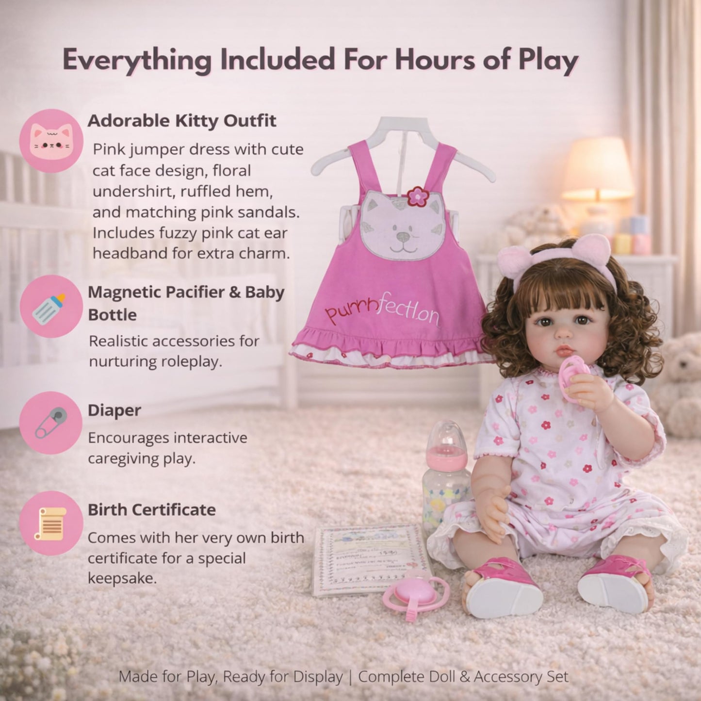 Purrfect Kitty Playtime Baby Doll – 22” Lifelike Reborn Toddler Doll with Hand-Painted Face, Rooted Hair, Cat-Themed Outfit & Accessories – Realistic Pretend Play Gift for Kids Ages 3+