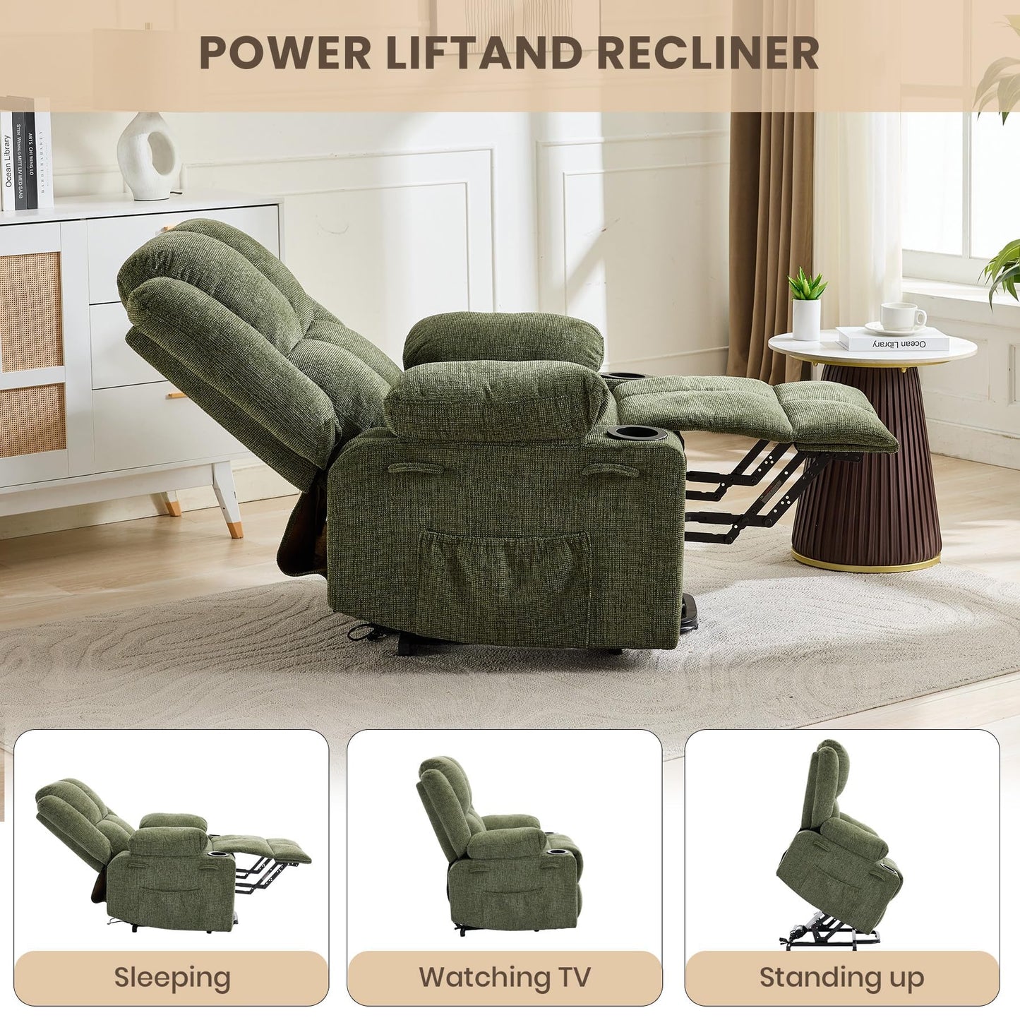 Garvee Power Lift Recliner Chair with Massage and Heat, Oversized Electric Lift Chair with Stand Assist, 155° Adjustable Lay Flat Recliner, 2 Cup Holders for Living Room