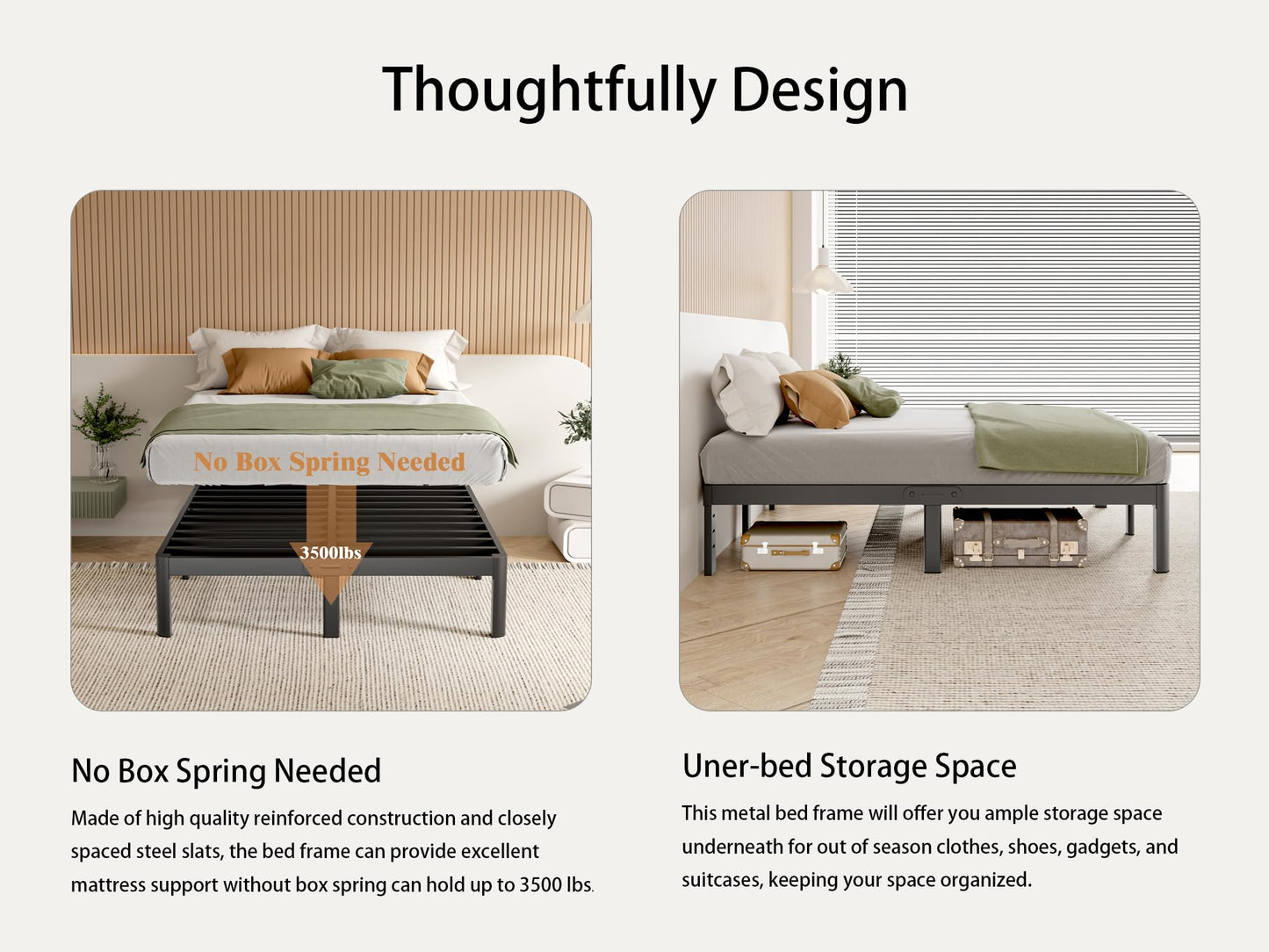 KZZLOL Queen Size Bed Frame Black, 16 Inch Metal Queen Bed Frame No Box Spring Needed, DIY Headboard Holes, Heavy Duty Steel Support 3500 LBS, Noiseless, Round Corner Leg, Storage Space, Easy Assembly