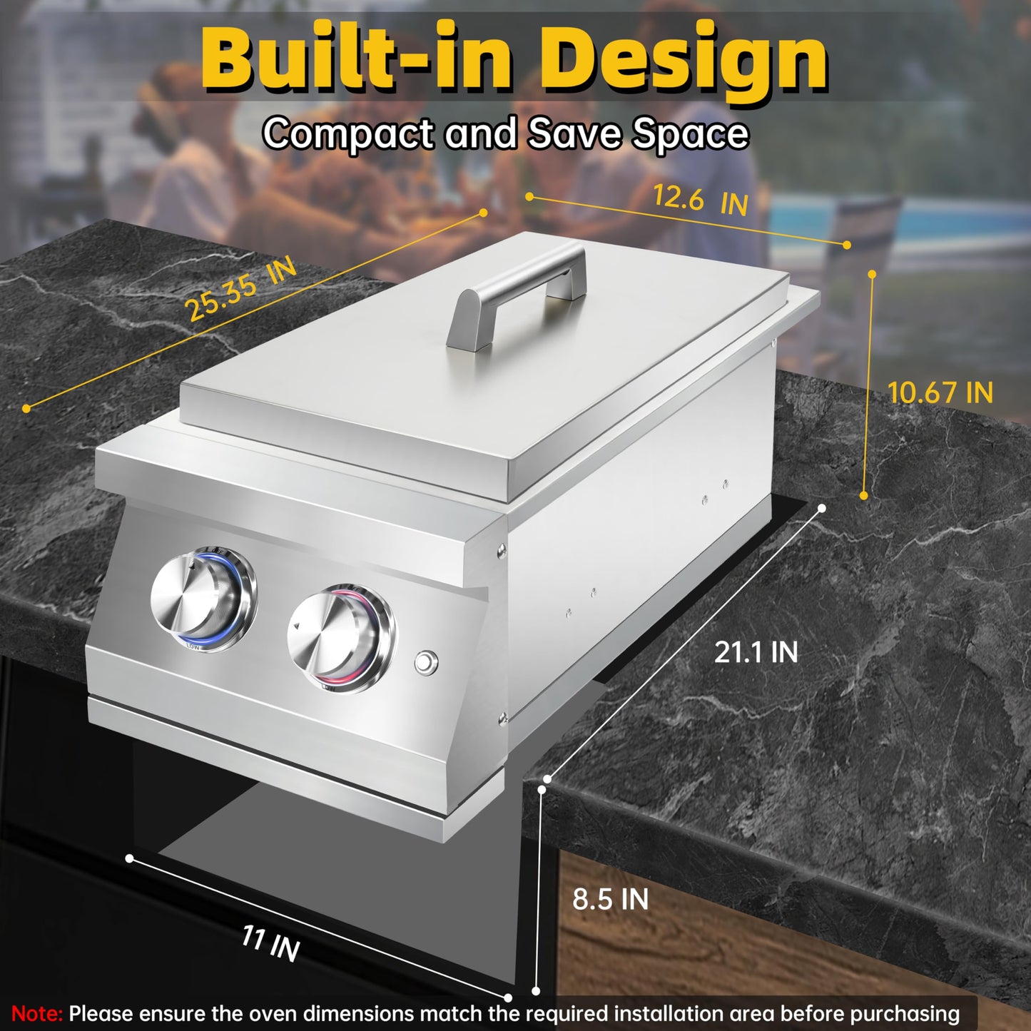 Qualipo Double Grilling Side Burners for Outdoor Kitchen, 2 * 17,000BTU Nature Gas Burners, Convertible to Liquid Propane, Heavy-Duty 304 Stainless Steel, Built-in Side Burner for BBQ Grill Island