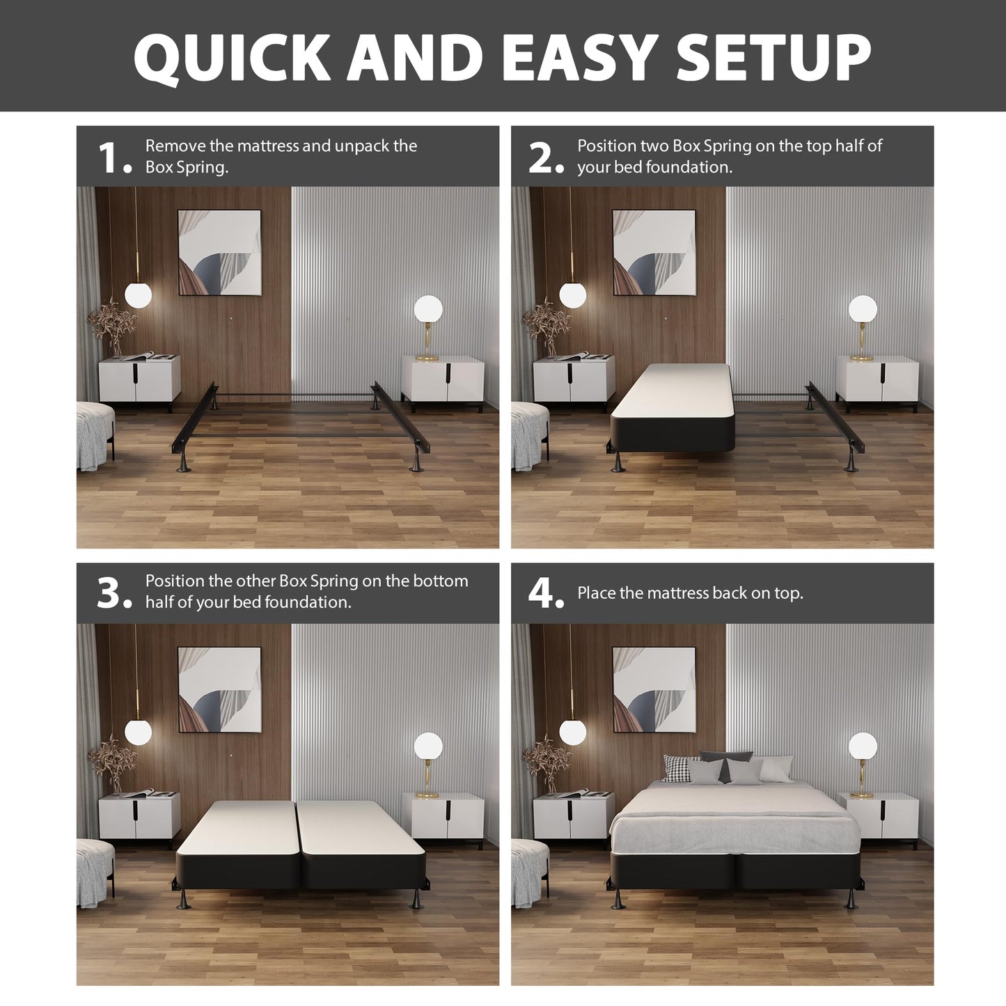 Greaton, Box Spring Bed Base Queen Size, 4-Inch Wood Mattress Foundation – Amish Made in USA – Quiet Noise Free, 2-Pieces Under Mattress-Support BoxSpring, Fully Assembled, Gray