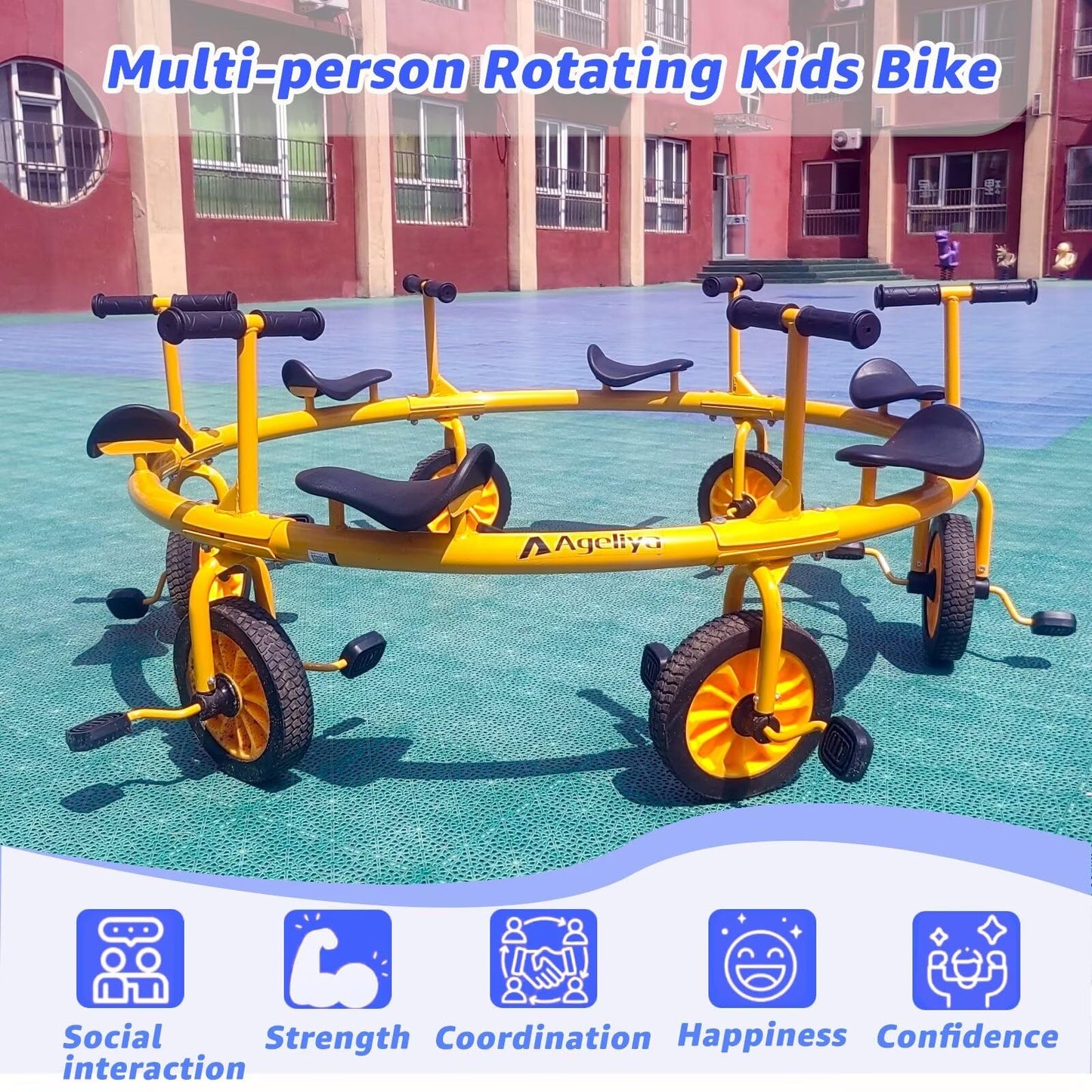 Ageliya Tricycle Merry Go Round Preschool Pedal Vehicles for Kids Aged 3+, Rotating Bike 6 Seats 360 Spin for Kindergarten Playground Daycare and Classroom Outdoor Play Equipment Yellow