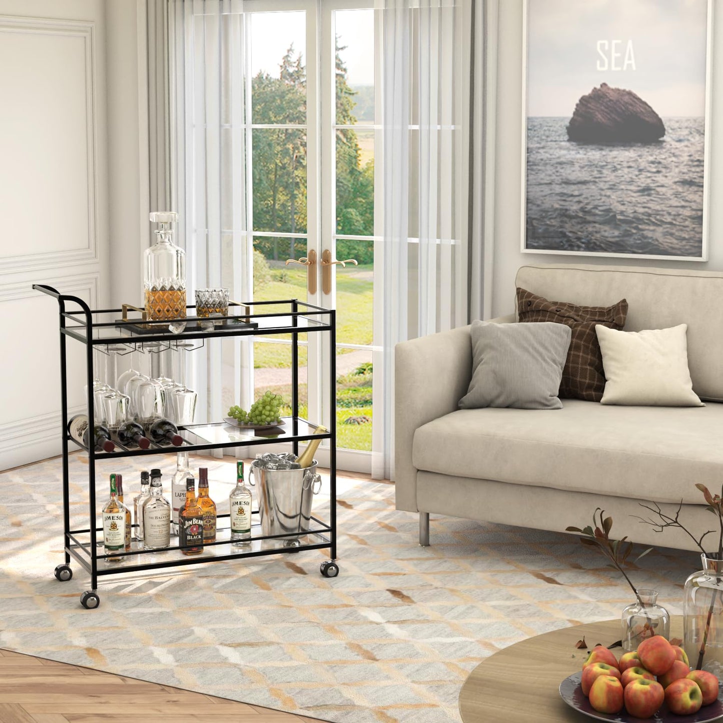Alihdrna Black Bar Cart, Home Bar Serving Cart with Handle, Wine Cart with 3-Tier Glass Shelves, Beverage Cart with Wine Rack and Glass Holder, Bar Carts for The Home, Dining Room, Living Room