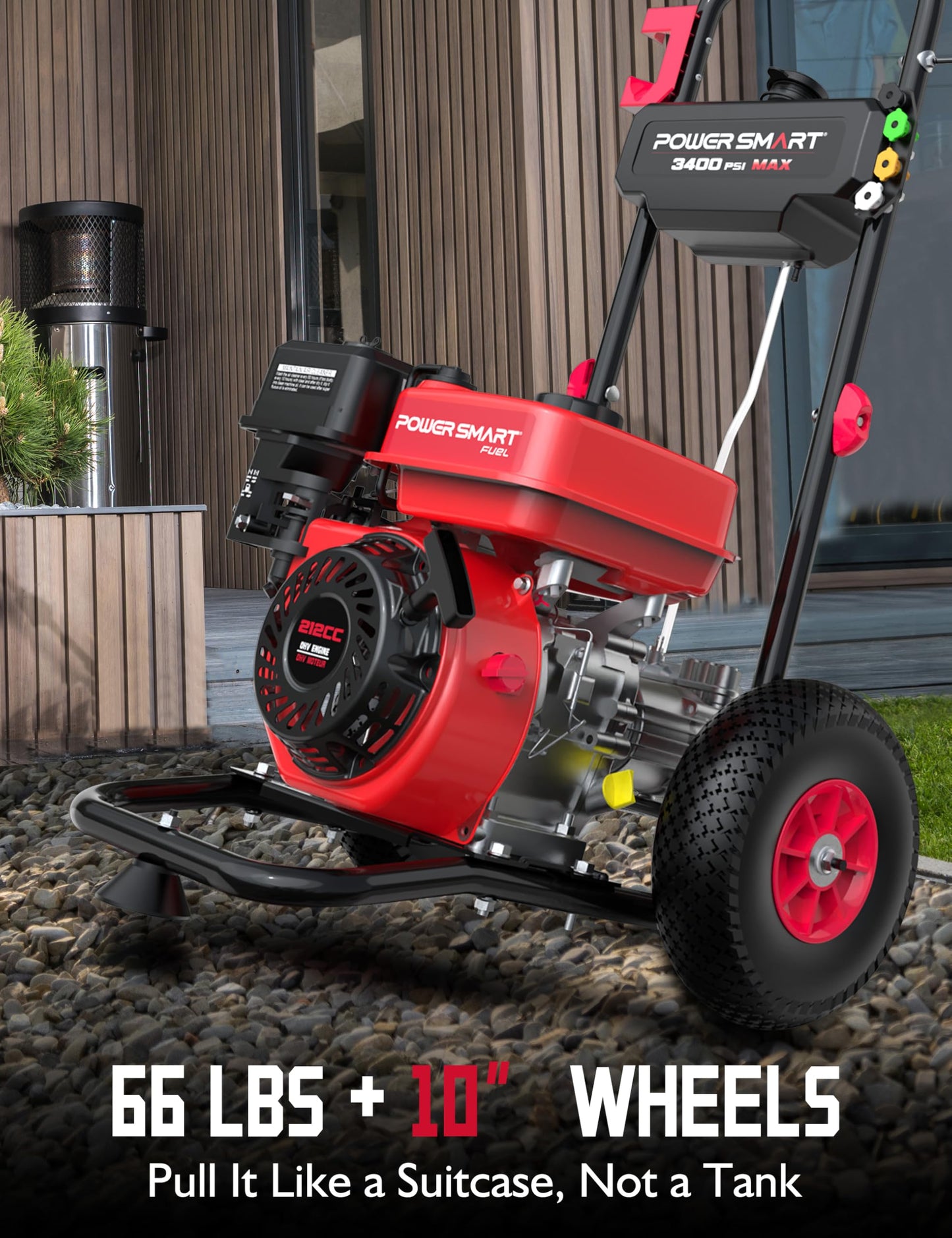 PowerSmart Gas Pressure Washer, 3400 PSI 2.5 GPM, 212CC, with Onboard Soap Tank, Metal Spray Wand, 5 Nozzles for Houses, Driveways, Walls, Cars, Fences, Patios