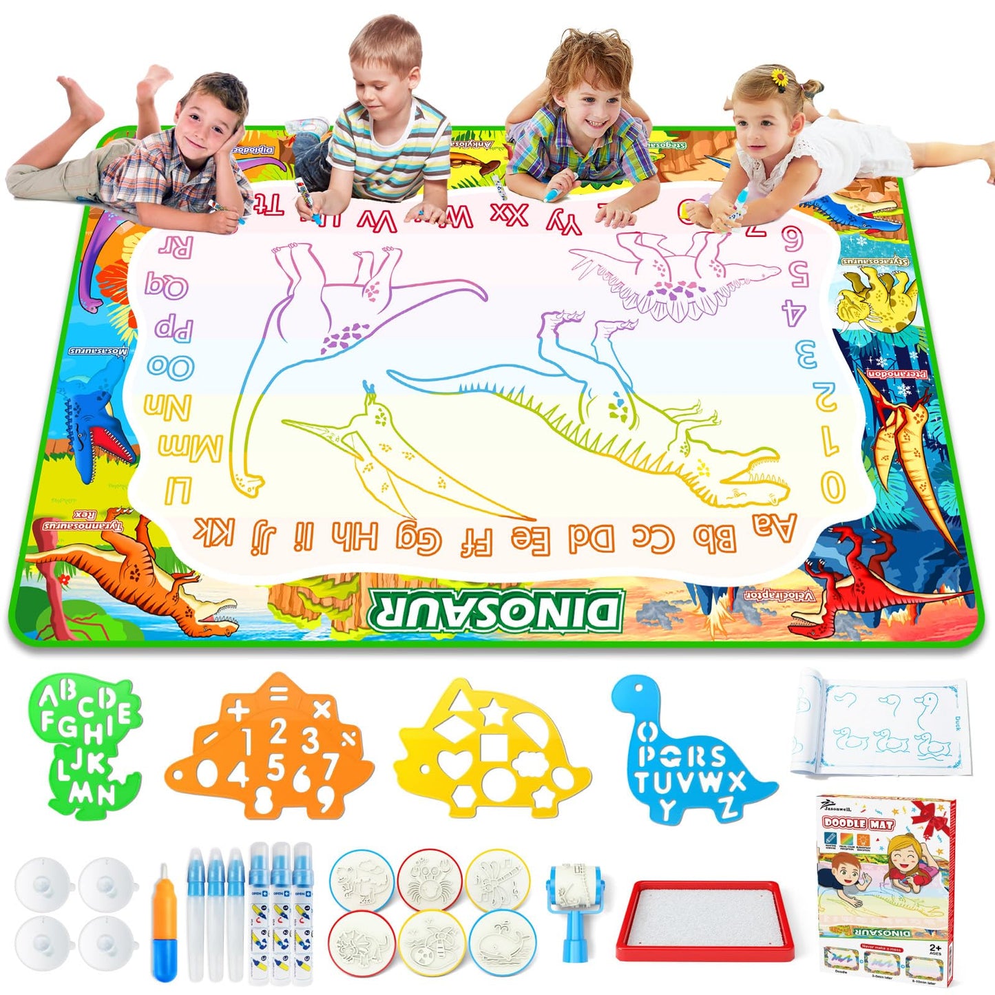 Jasonwell Aqua Water Doodle Mat 60x40 Inches Large Magic Drawing Doodling Mat Coloring Mat Educational Toys Christmas Birthday Gifts for Kids Toddler Boys Girls Age 2 3 4 5 6 7 8 Year Old (Dinosaur)