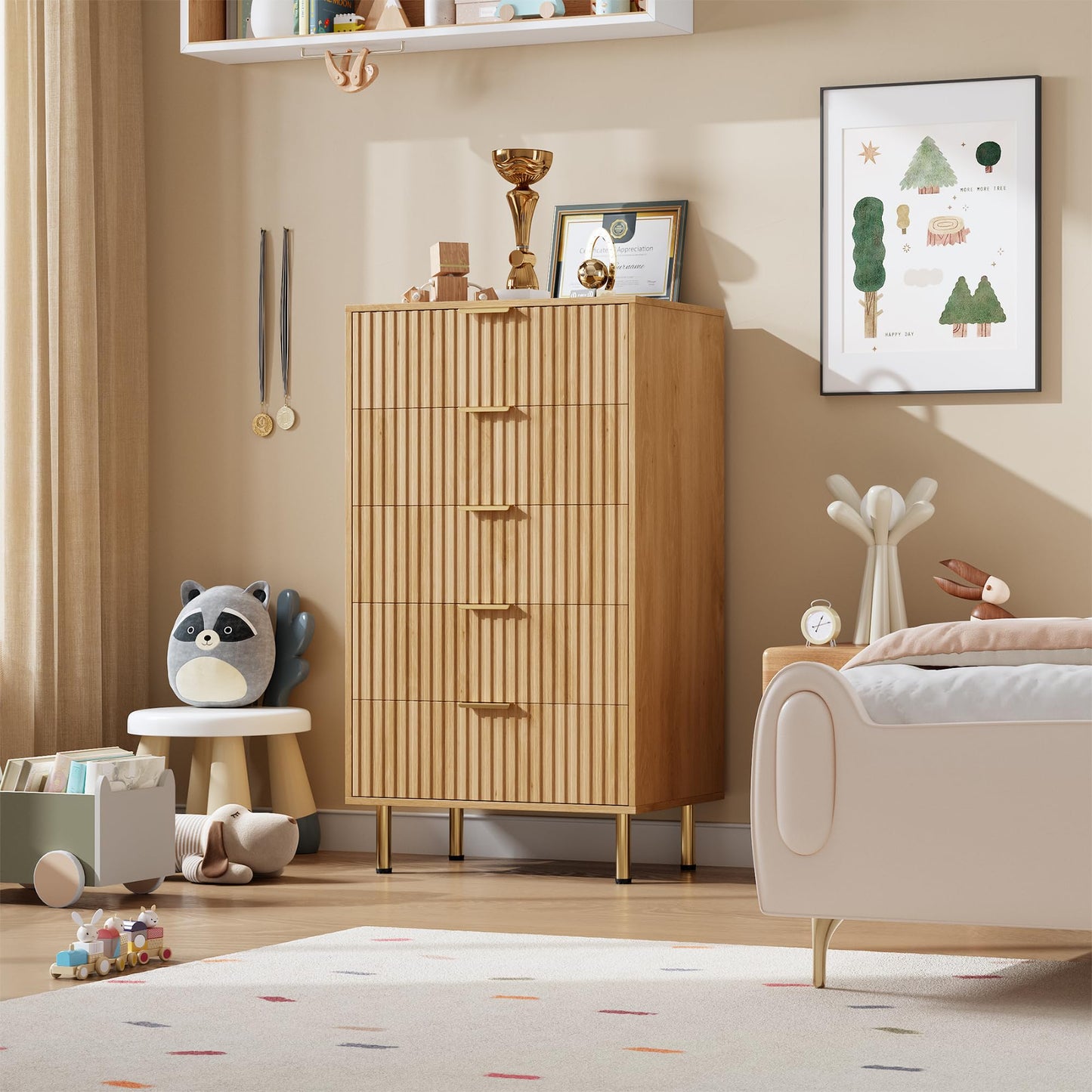 GarveeHome 5 Drawer Dresser for Bedroom, 48 in Tall Modern Chest of Drawers with Deep Drawers and Wide Top, Fluted Wooden Dresser Organizer for Living Room, Hallway, Kids Room, Natural
