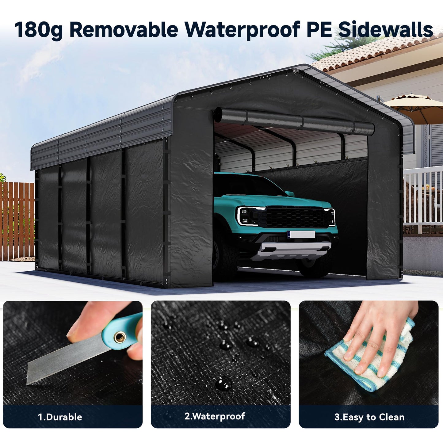 12x20FT Heavy Duty Metal Carport, Outdoor Carport with Galvanized Steel Frame and Roof, Multi-Use Car Garage Shelter with Removable Sidewalls, Enclosed for Cars, Pickup, Tractors, Tools, Gray