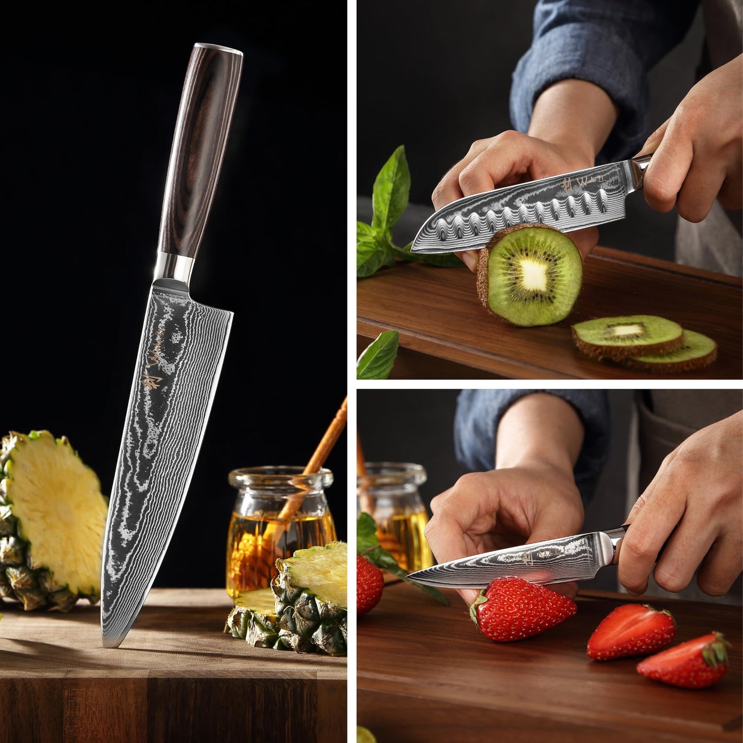Wakoli EDIB Essentials 4-Piece Damascus Knife Set – Professional Kitchen Knives with VG10 Core, 67-Layer Damascus Steel Blades – Santoku, Chef, Small Santoku & Paring Knife with Pakkawood Handles