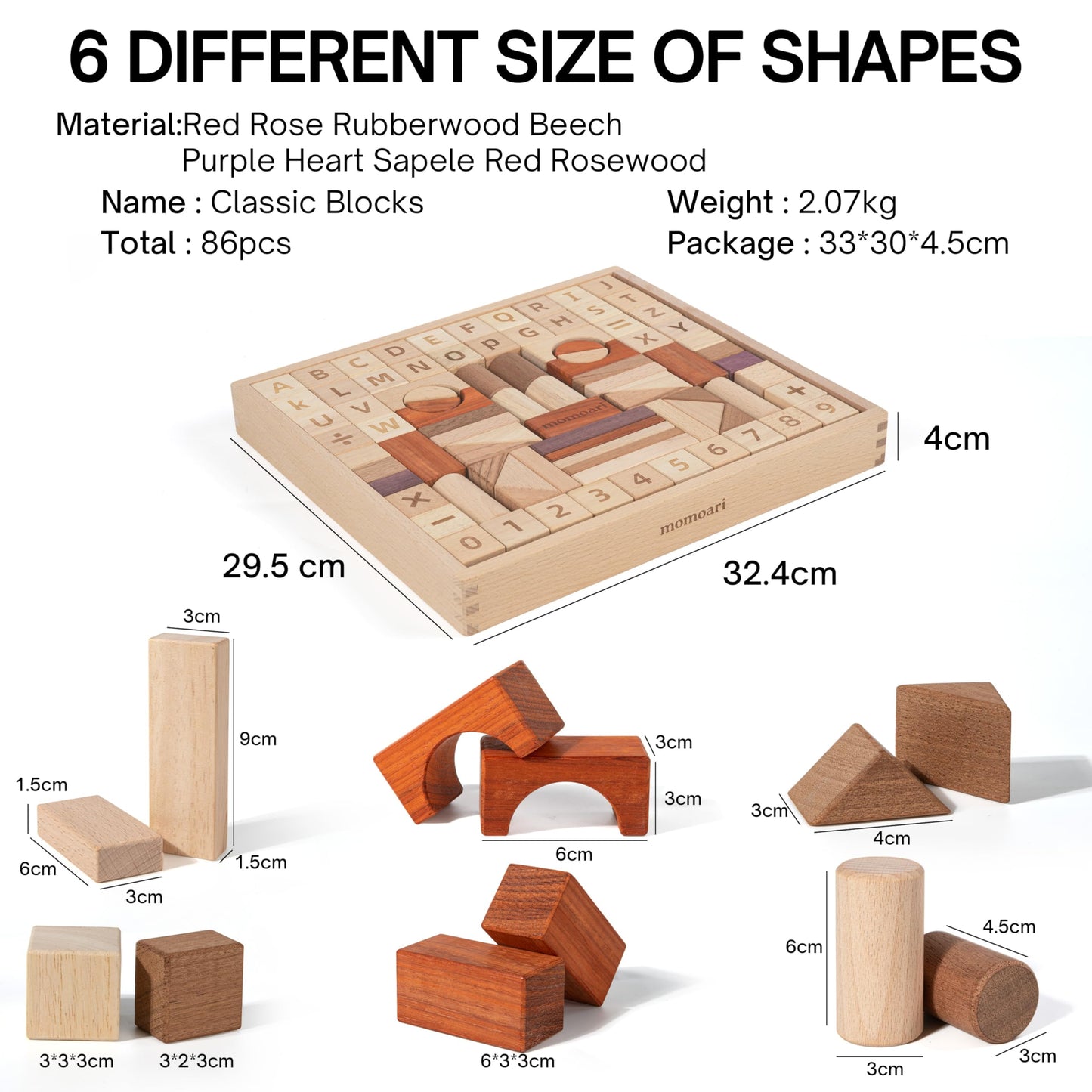 MOMOARI Alphabet Number Early Math Wooden Building Blocks Set - 86 Blocks in 6 Shapes with Wooden Storage Tray. Preschool Montessori Kids Toys. Stacking Learning Toys for Toddlers. Age 3 Years +