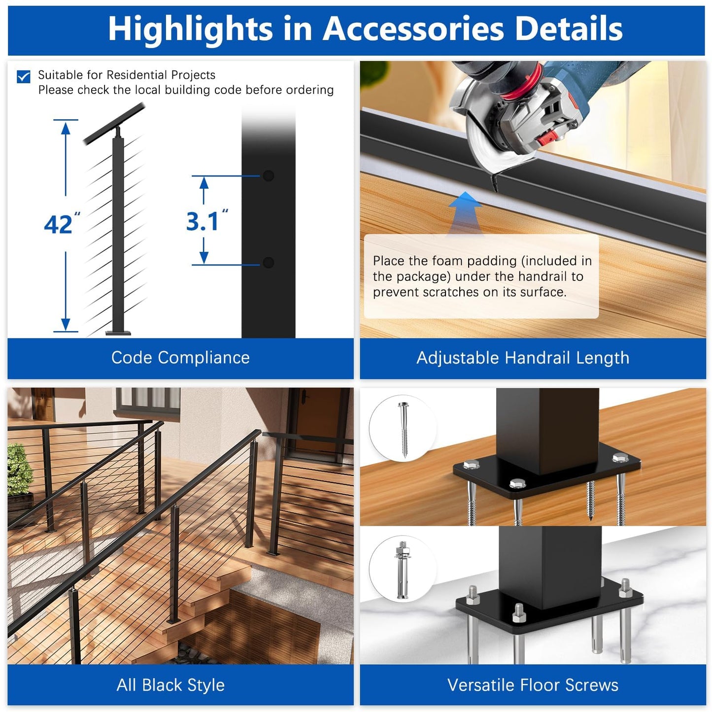 Zylorix 4ft-8ft Complete Set 33° Drilled Cable Railing System 42" with Handrail Cuttable, T304 Stainless Steel Black Angle Cable Railing Posts Kit with 1/8" Cable Railing Hardware for 28-38° Step