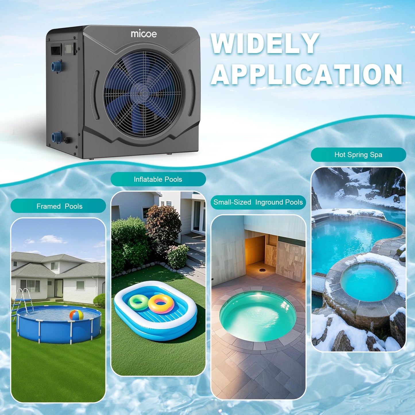 MICOE 17,000 BTU Energy-Efficient Electric Pool Heater for Above Ground Pools up to 5,000 Gallons, Ultra-Quiet 50 dB, 110–120V, Easy Install Kit Included