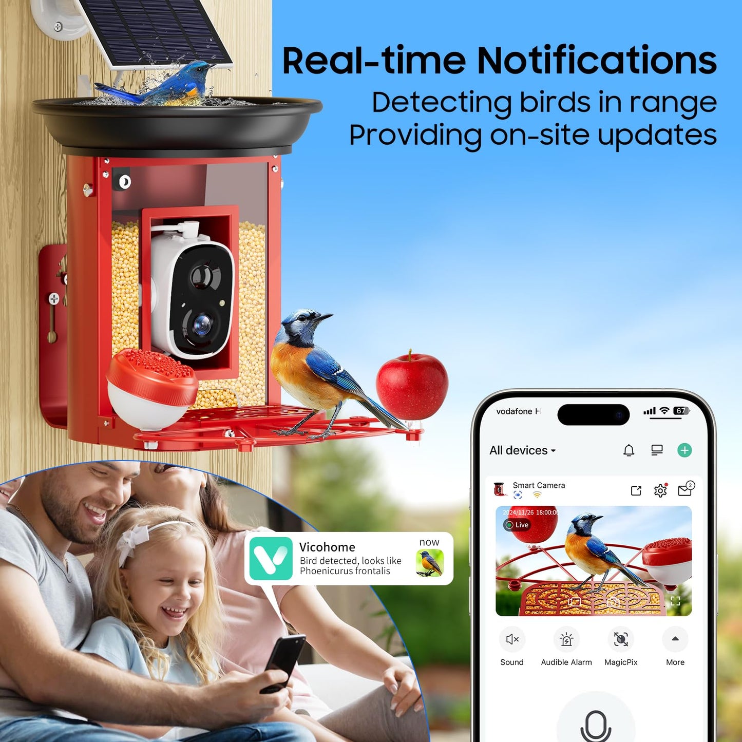 Camii Smart Bird Feeder with 2K HD Camera - Auto Capture & Motion Detection, Solar-Powered, Identifies Bird Species, Live Video with Bath