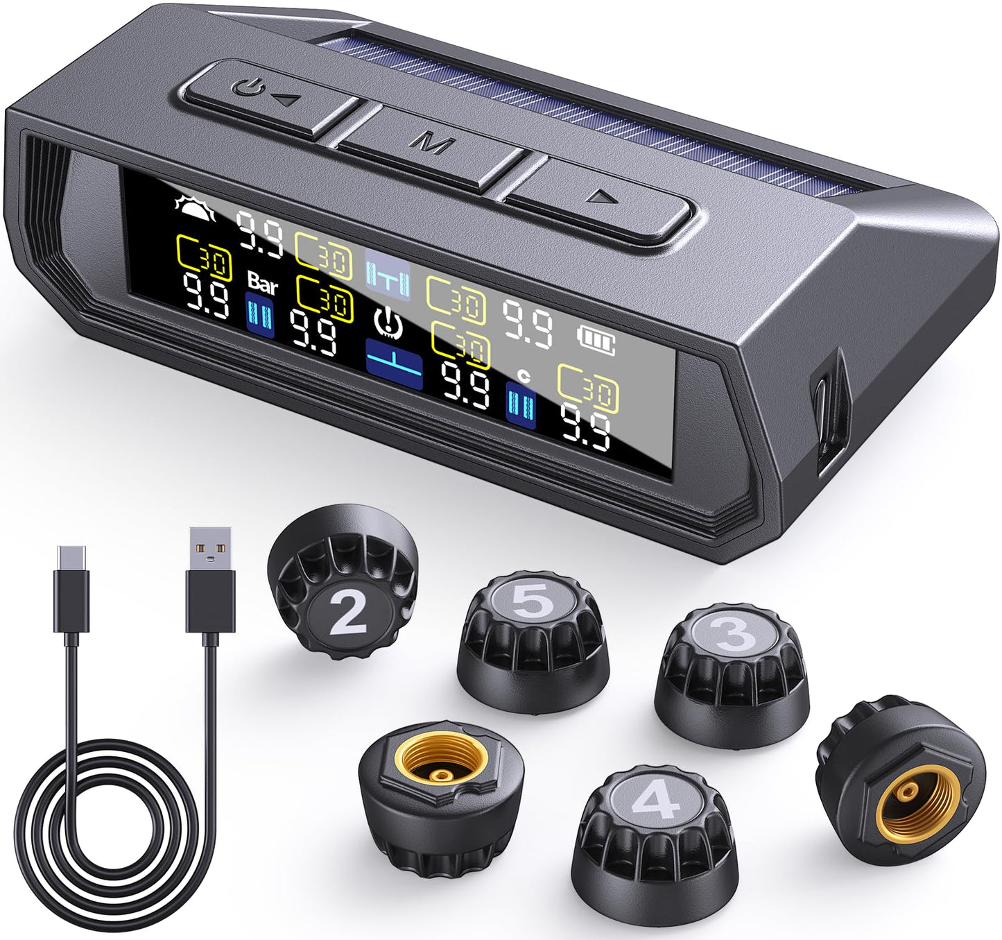 EKNBKE RV Tire Pressure Monitoring System,0-9.9 BAR,144 PSI Tire Pressure Monitor System with Solar Charge, TPMS with 6 Sensors&6 Alarm Modes (6 Sensor-Black)