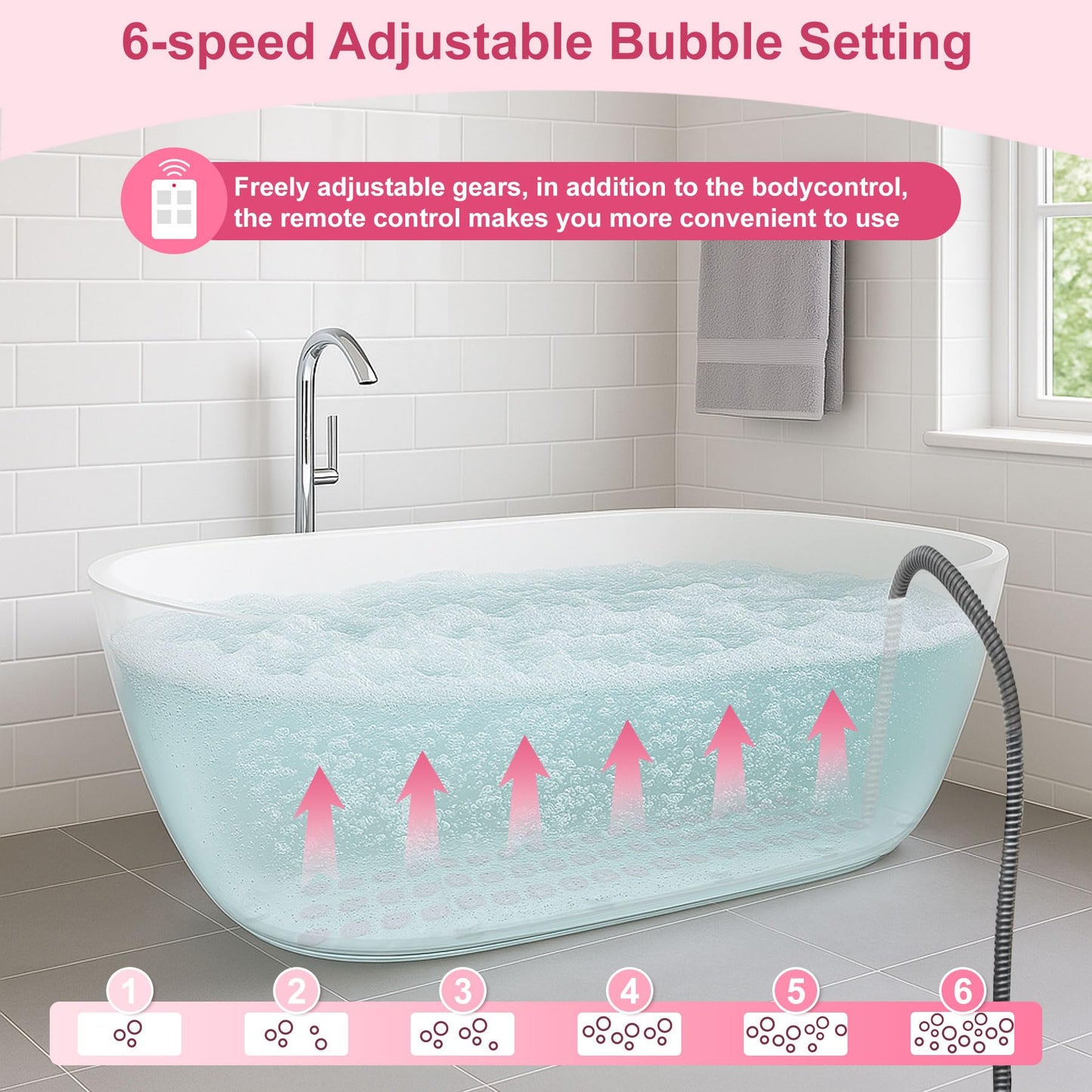 Electric Bubble Massage Mat with Pillow for Bathtub - Portable Spa Bubble Bath Massager, 6-Speed Adjustable Jet Spa & Remote Control, 13 Suction Cups, 74 Air Jets for Full-Body Relaxation