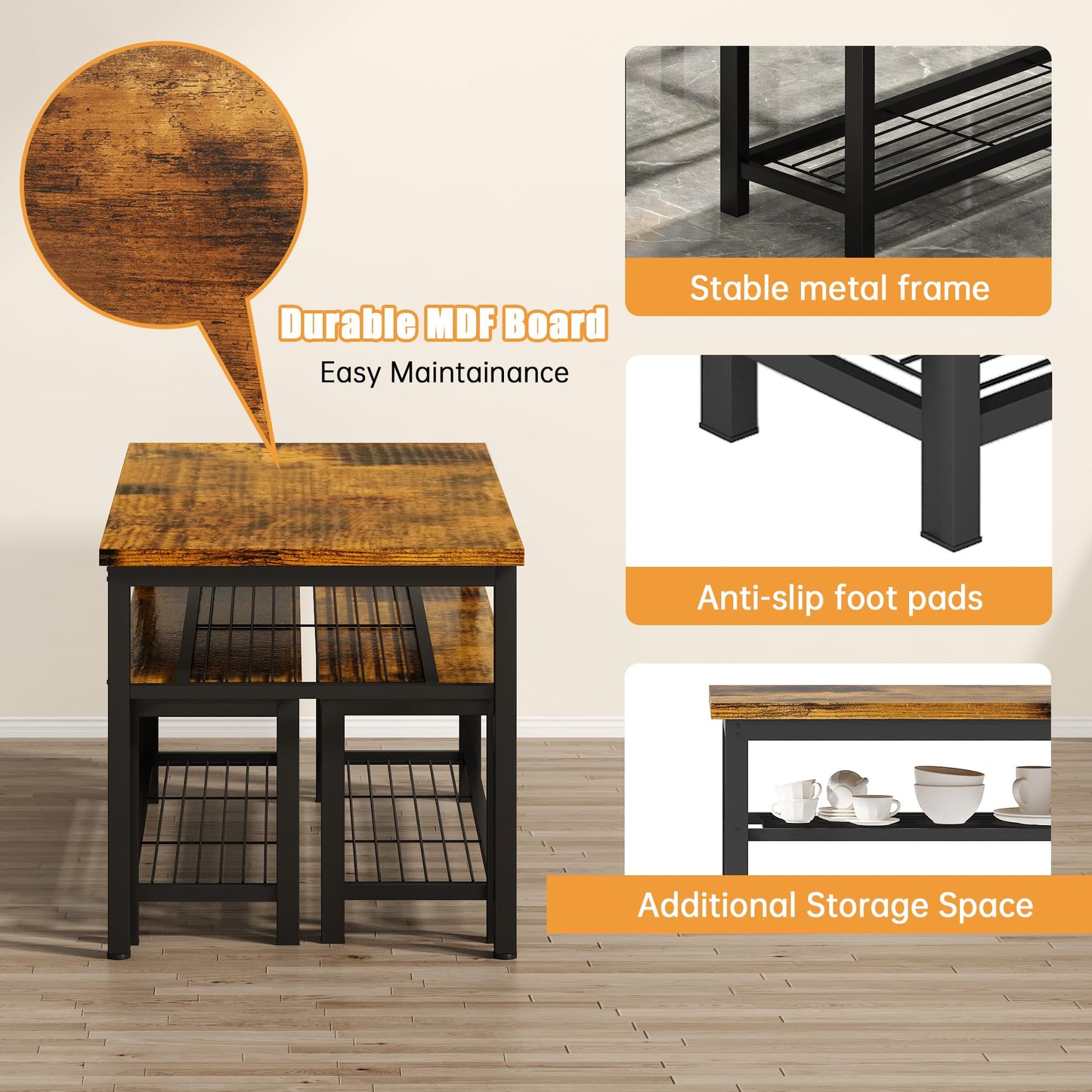 Lamerge 3-Piece Dining Table Set, Industrial Kitchen Table and Chairs Set for 4, Dining Table and 2 Benches with Storage Shelf, Dining Table Set for Dining Room Kitchen, Rustic Brown