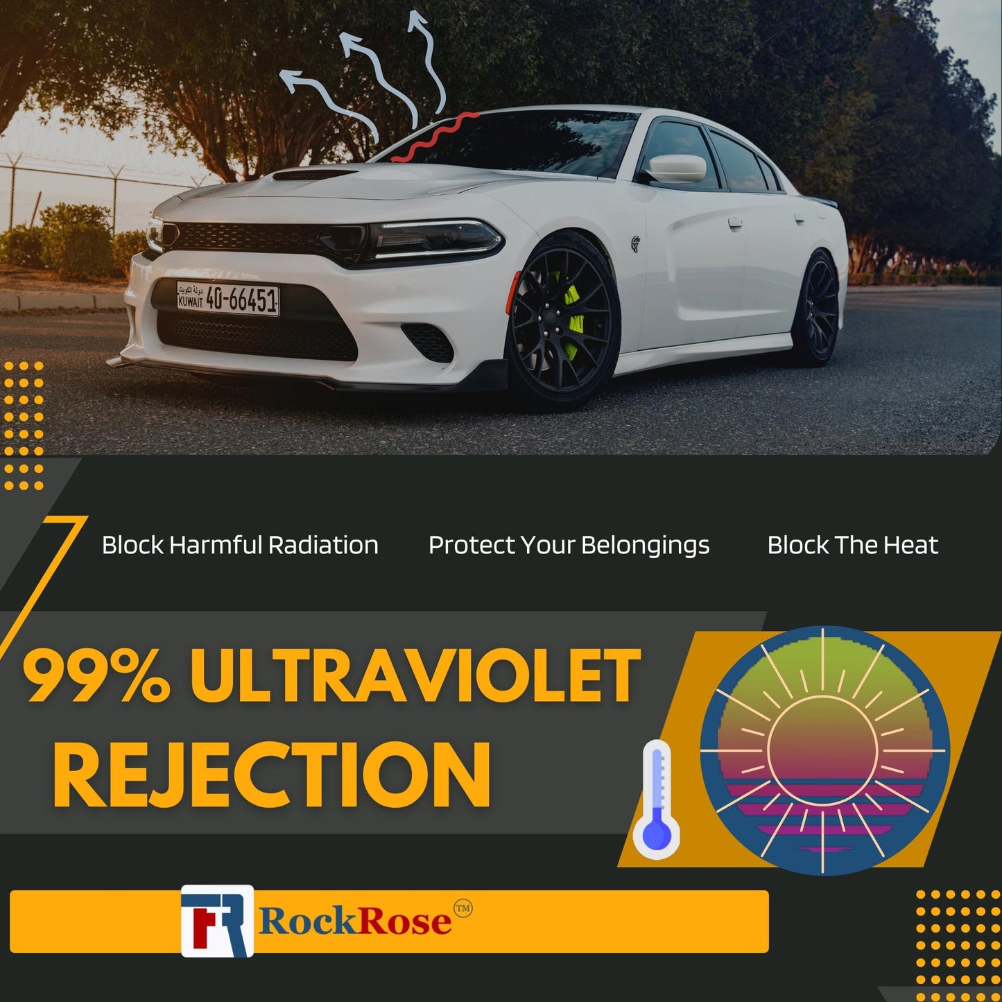 RockRose 5% Nano Ceramic Car Window Tint 24 in x 100FT 2PLY Privacy Film Heat Block, 99% UVR, and 85% IRR Block for Auto or Home Strong Adhesive, Easy Shrink, Plotter Friendly - Charcoal