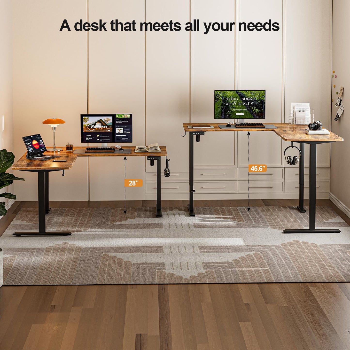 Grandder L Shaped Standing Desk Adjustable Height, Electric Standing Corner Desk, 63 Inch Sit Stand Computer Table with Splice Board, Rustic Brown